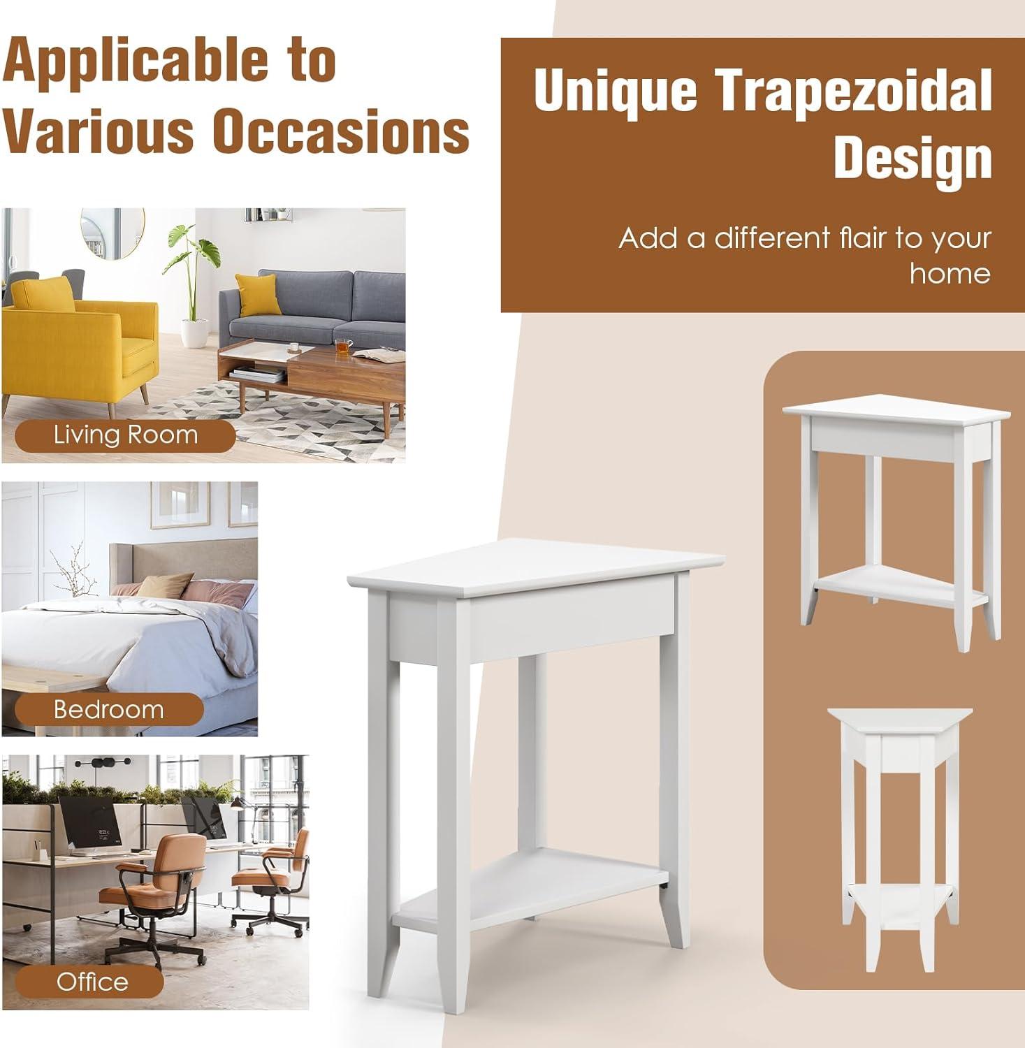 image:imageGiantex Wedge End Table White Triangle Side Table with Storage Shelf and Solid Wood Legs Recliner Table 245 Tall Nightstand Modern Narrow Accent Table for Small Space Living RoomWhite