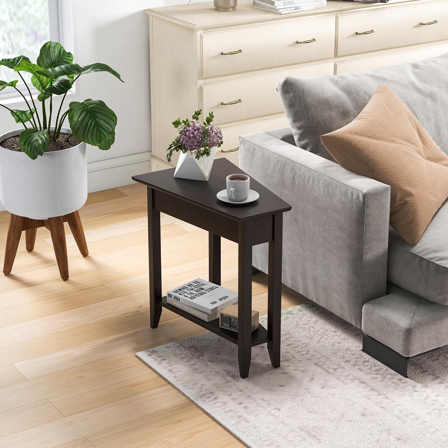 image:imageGiantex Wedge End Table White Triangle Side Table with Storage Shelf and Solid Wood Legs Recliner Table 245 Tall Nightstand Modern Narrow Accent Table for Small Space Living RoomEspresso