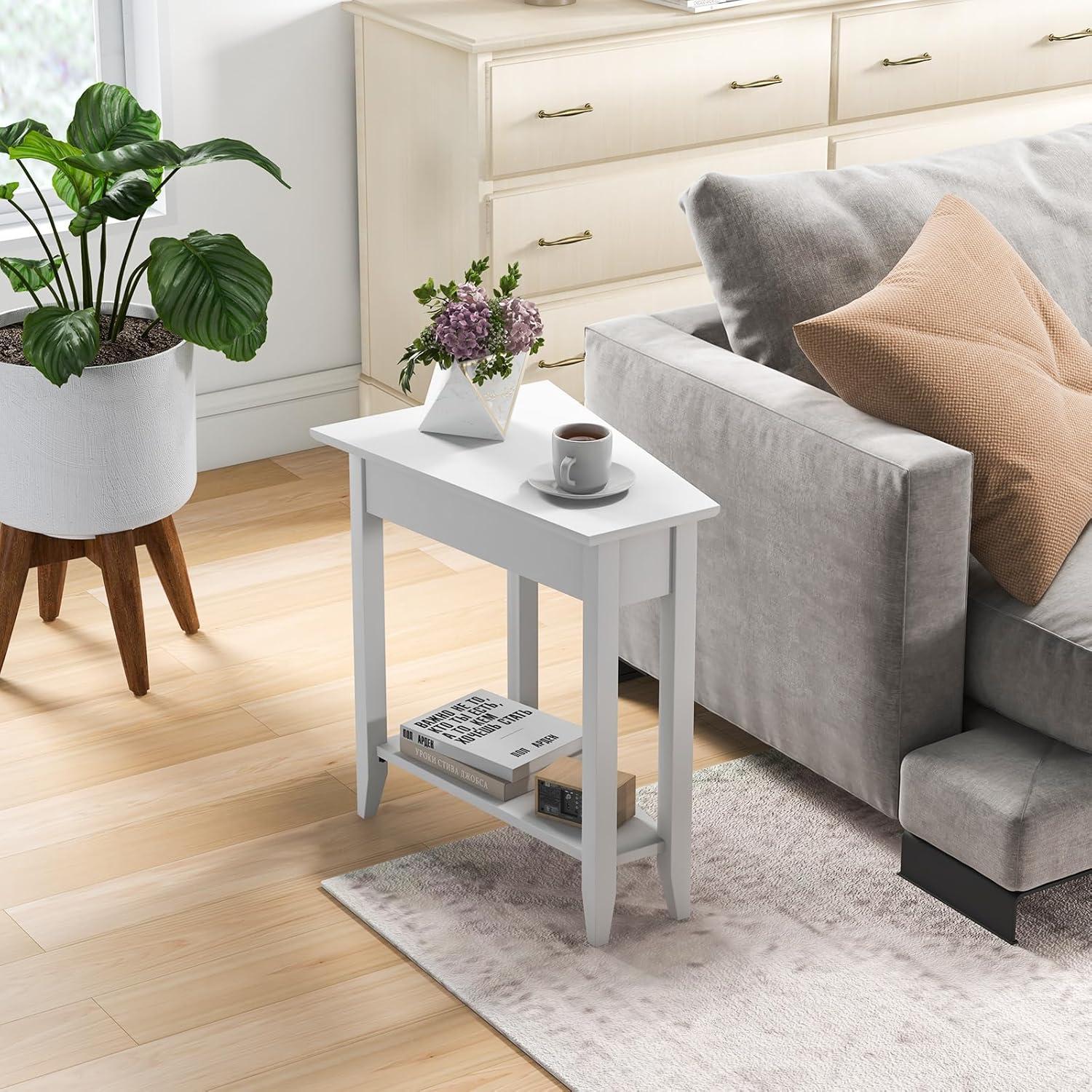 image:imageGiantex Wedge End Table White Triangle Side Table with Storage Shelf and Solid Wood Legs Recliner Table 245 Tall Nightstand Modern Narrow Accent Table for Small Space Living RoomWhite