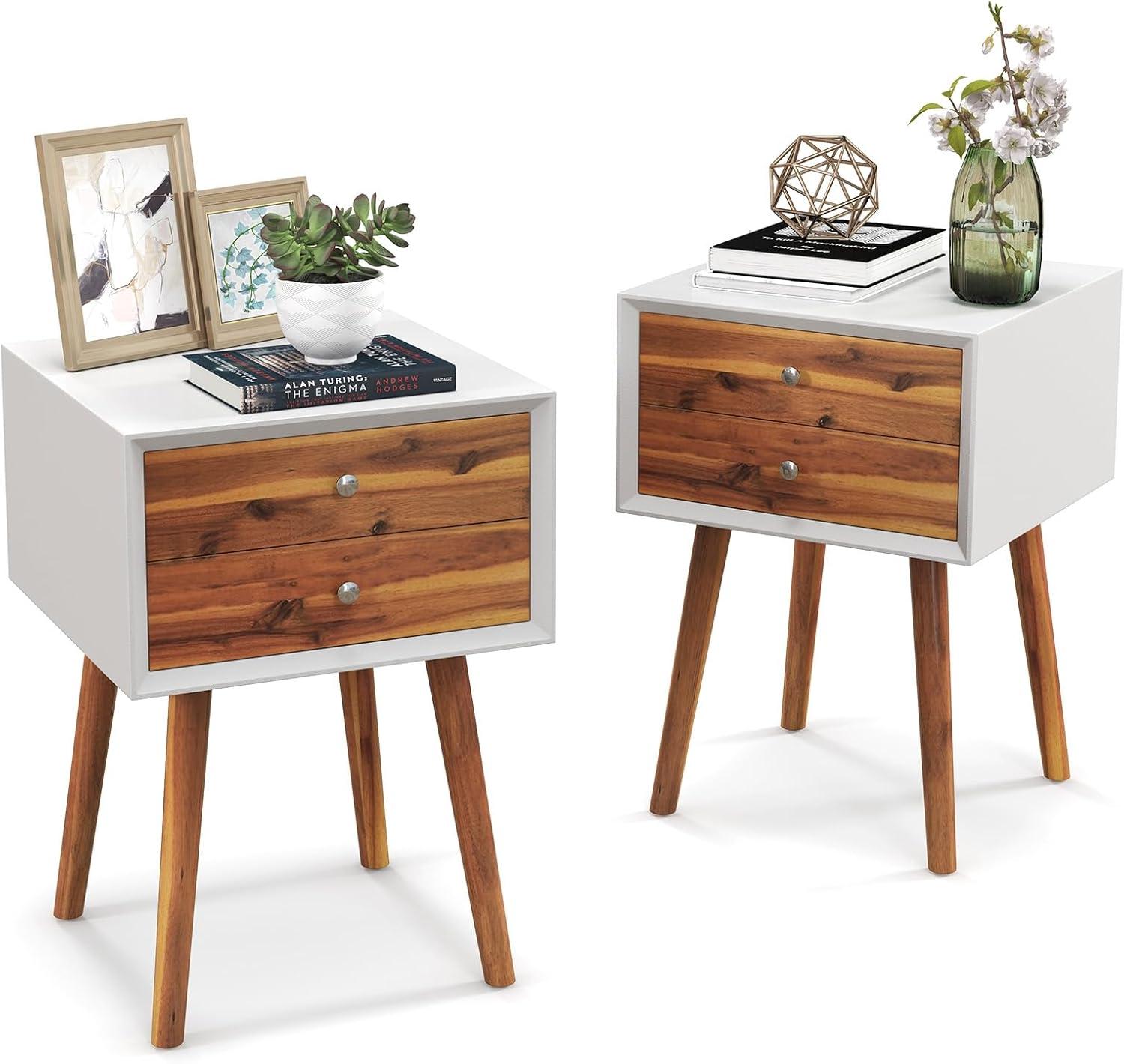 image:imageGiantex White Nightstand Wooden Bedside Tables w 2 Storage Drawers amp Soild Wood Legs Practical End Side Table Mid Century Modern Night Stand for Living Room BedroomWhite Walnut