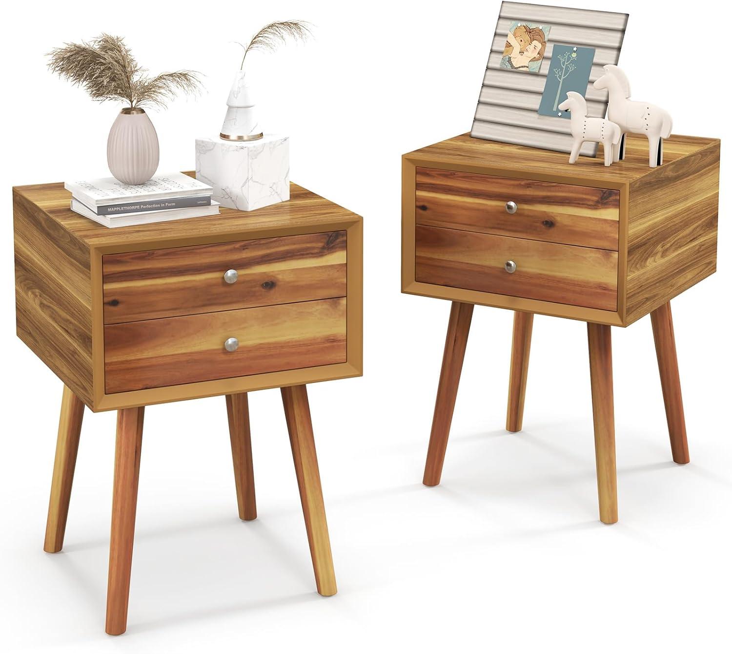 image:imageGiantex White Nightstand Wooden Bedside Tables w 2 Storage Drawers amp Soild Wood Legs Practical End Side Table Mid Century Modern Night Stand for Living Room BedroomWalnut