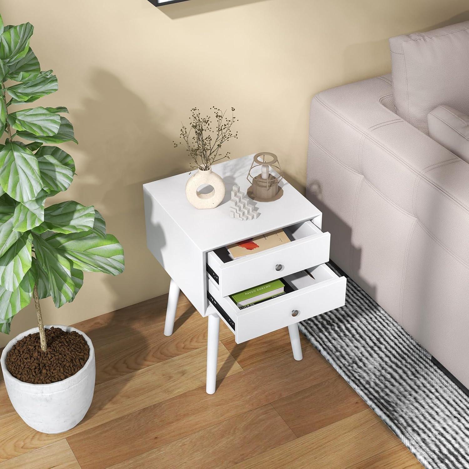 image:imageGiantex White Nightstand Wooden Bedside Tables w 2 Storage Drawers amp Soild Wood Legs Practical End Side Table Mid Century Modern Night Stand for Living Room BedroomWhite