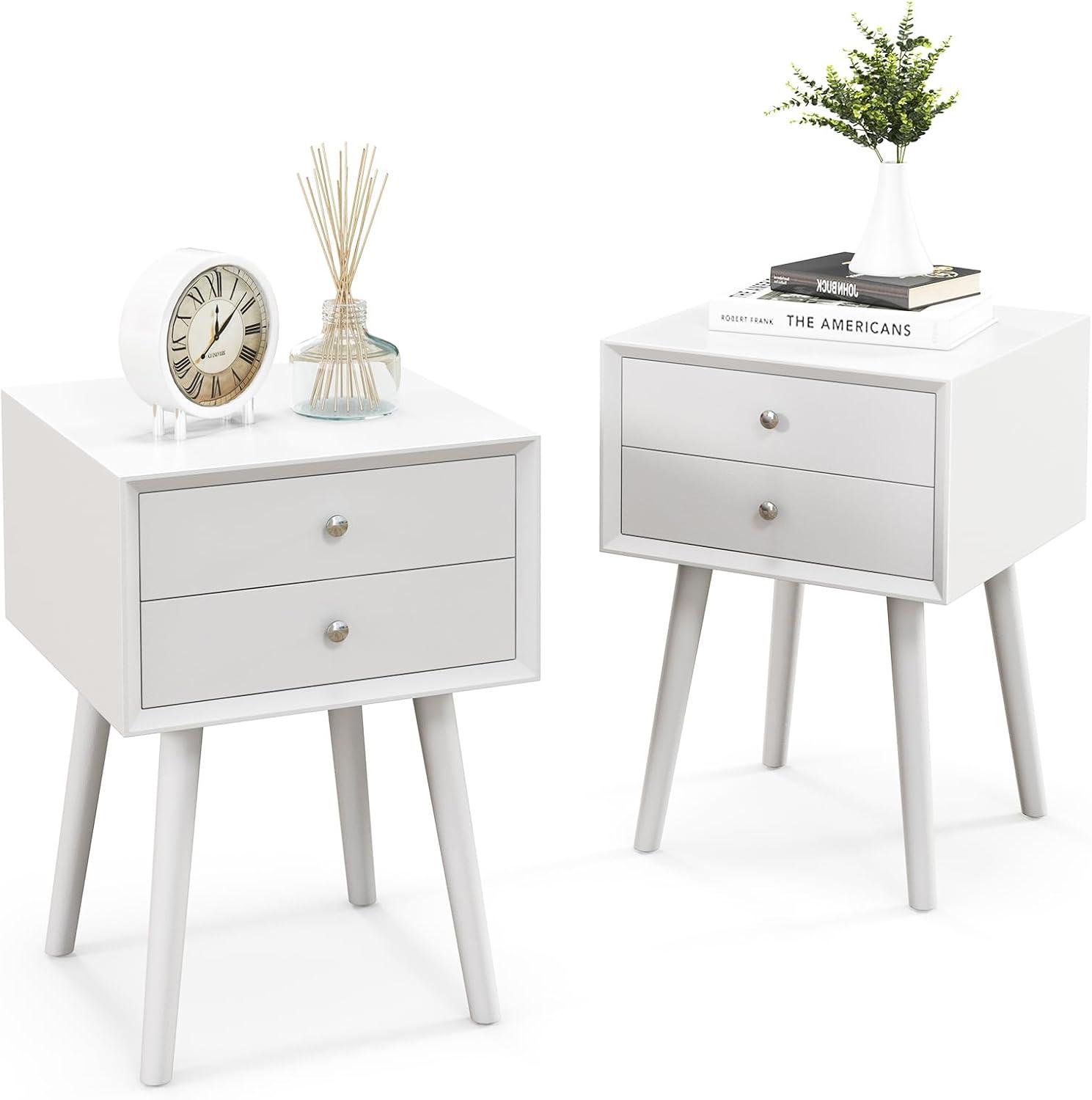 image:imageGiantex White Nightstand Wooden Bedside Tables w 2 Storage Drawers amp Soild Wood Legs Practical End Side Table Mid Century Modern Night Stand for Living Room BedroomWhite