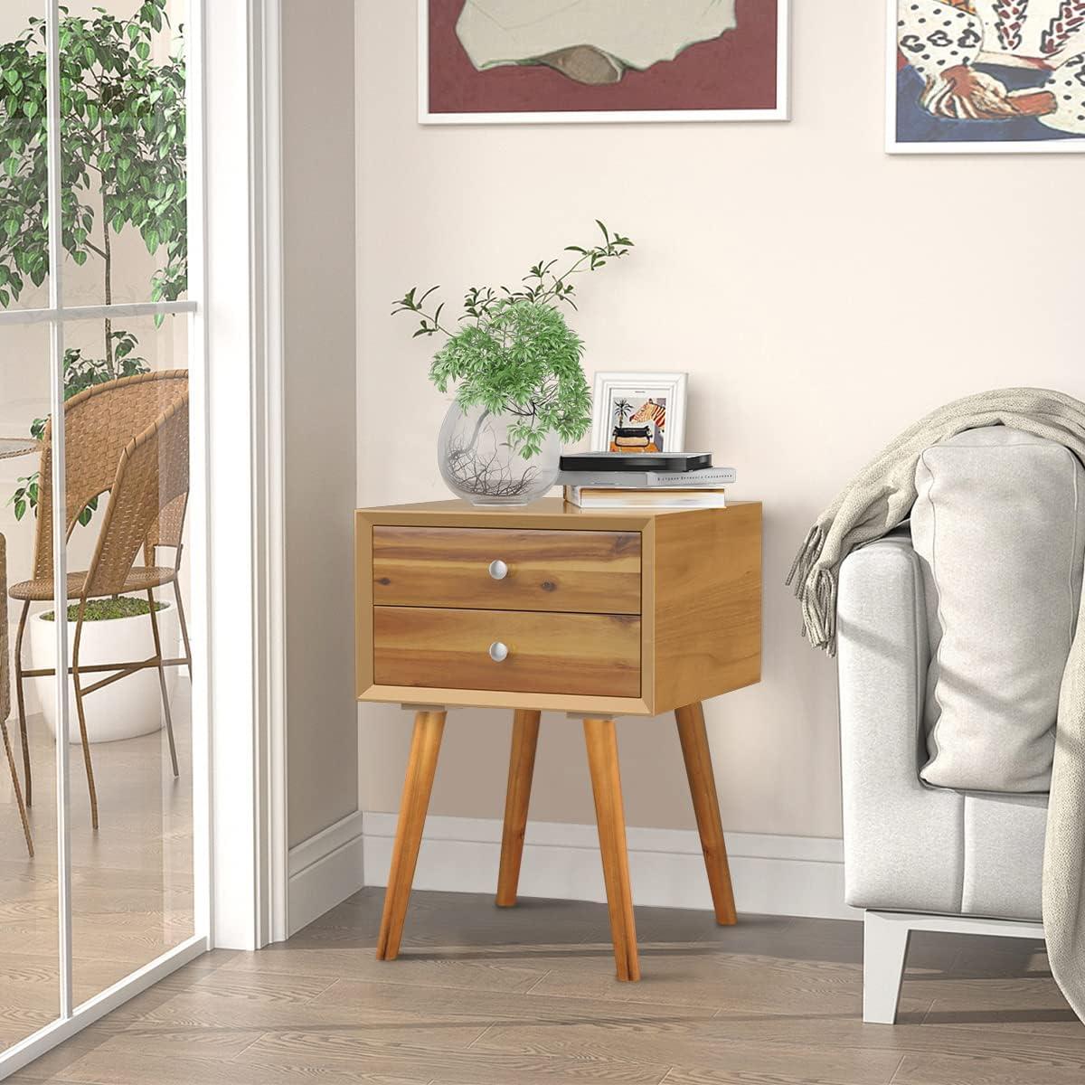 image:imageGiantex White Nightstand Wooden Bedside Tables w 2 Storage Drawers amp Soild Wood Legs Practical End Side Table Mid Century Modern Night Stand for Living Room BedroomWalnut