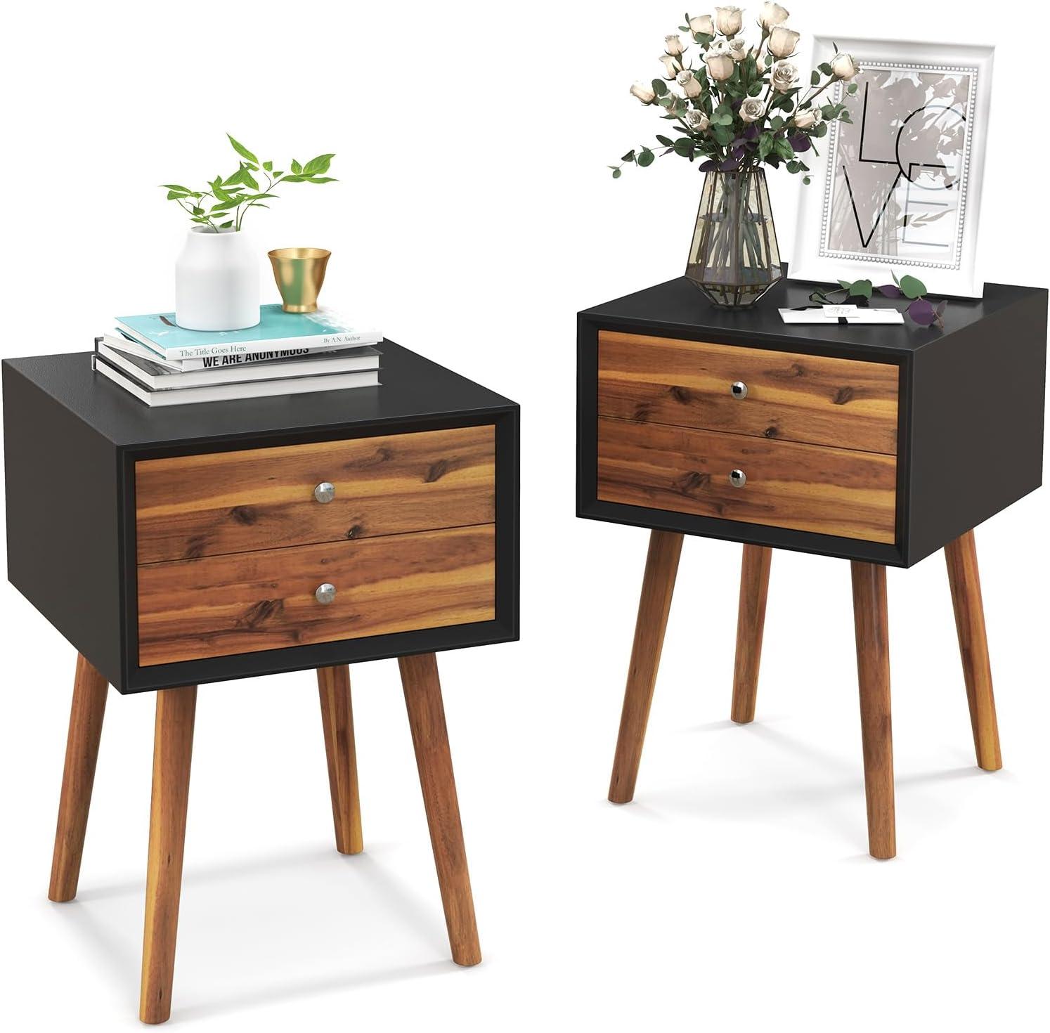 image:imageGiantex White Nightstand Wooden Bedside Tables w 2 Storage Drawers amp Soild Wood Legs Practical End Side Table Mid Century Modern Night Stand for Living Room BedroomBlack Walnut