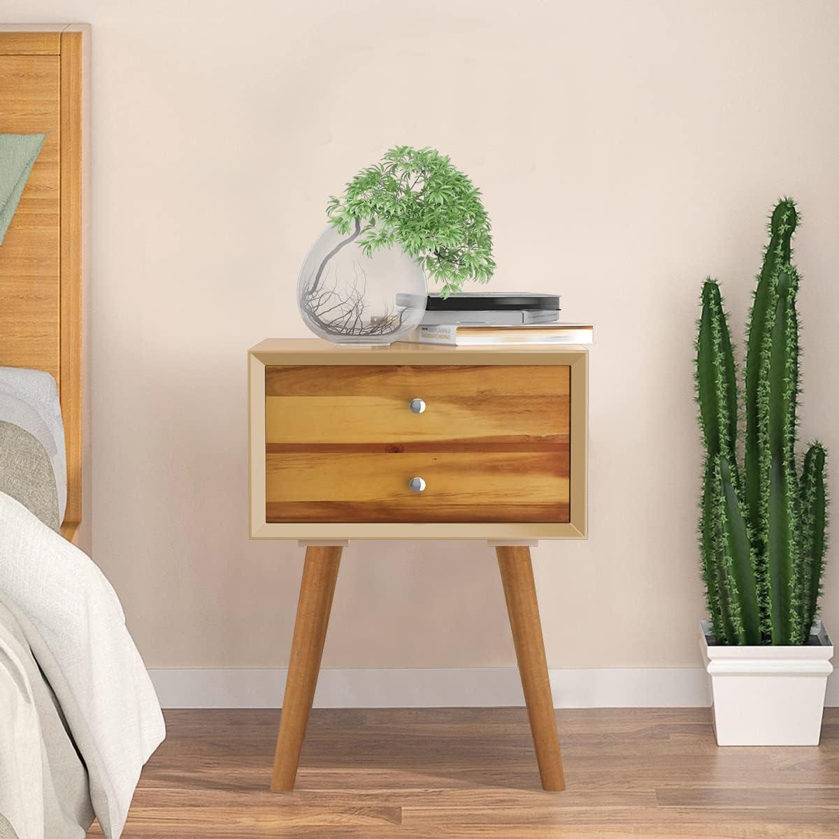 image:imageGiantex White Nightstand Wooden Bedside Tables w 2 Storage Drawers amp Soild Wood Legs Practical End Side Table Mid Century Modern Night Stand for Living Room BedroomWalnut