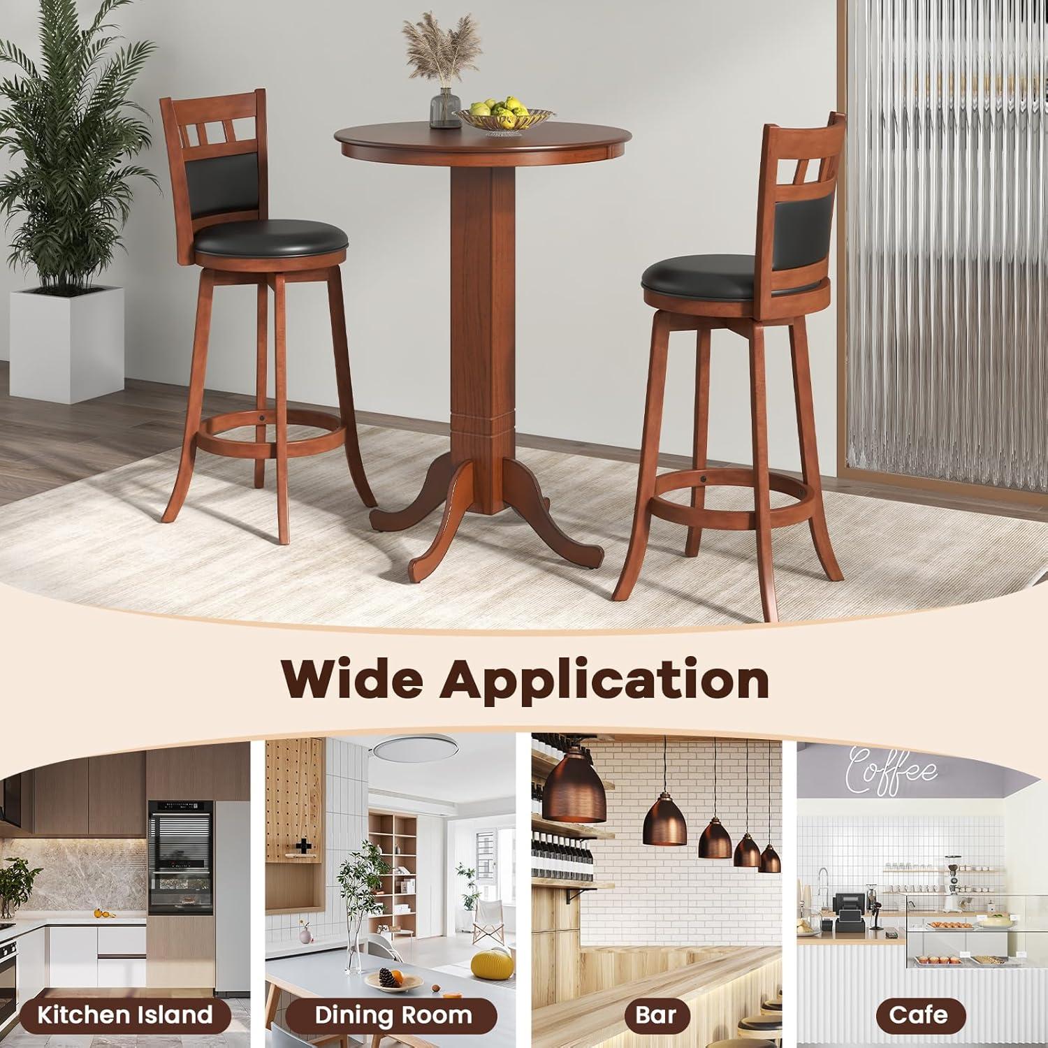 image:imageGiantex Wood Bar Stools Set of 2 31 Swivel Bar Height Barstools wBack Rubber Wood Frame Padded Seat Footrest PVC Leather Wooden Counter Bar Chairs for Kitchen Island Restaurant Espresso1