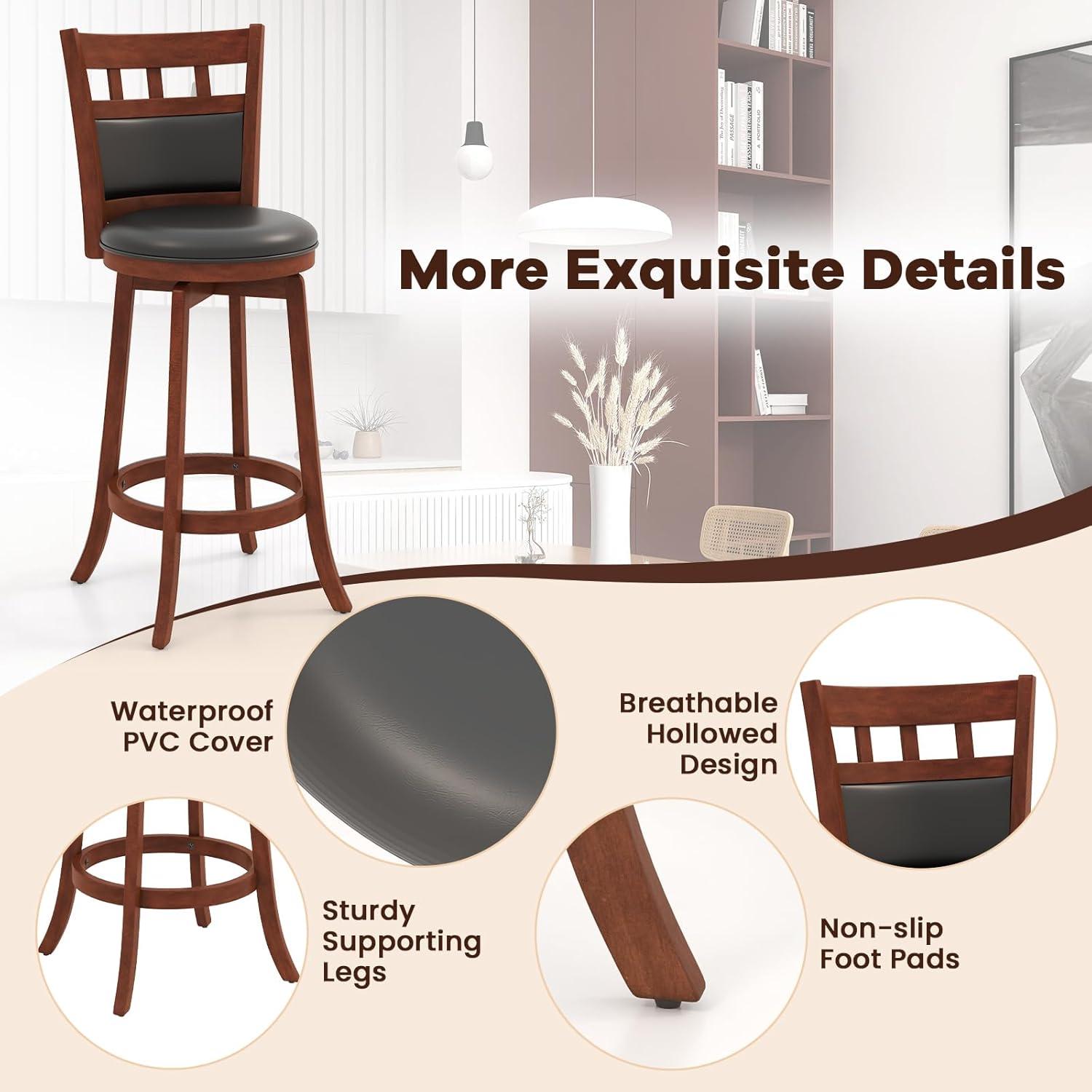 image:imageGiantex Wood Bar Stools Set of 2 31 Swivel Bar Height Barstools wBack Rubber Wood Frame Padded Seat Footrest PVC Leather Wooden Counter Bar Chairs for Kitchen Island Restaurant Espresso1