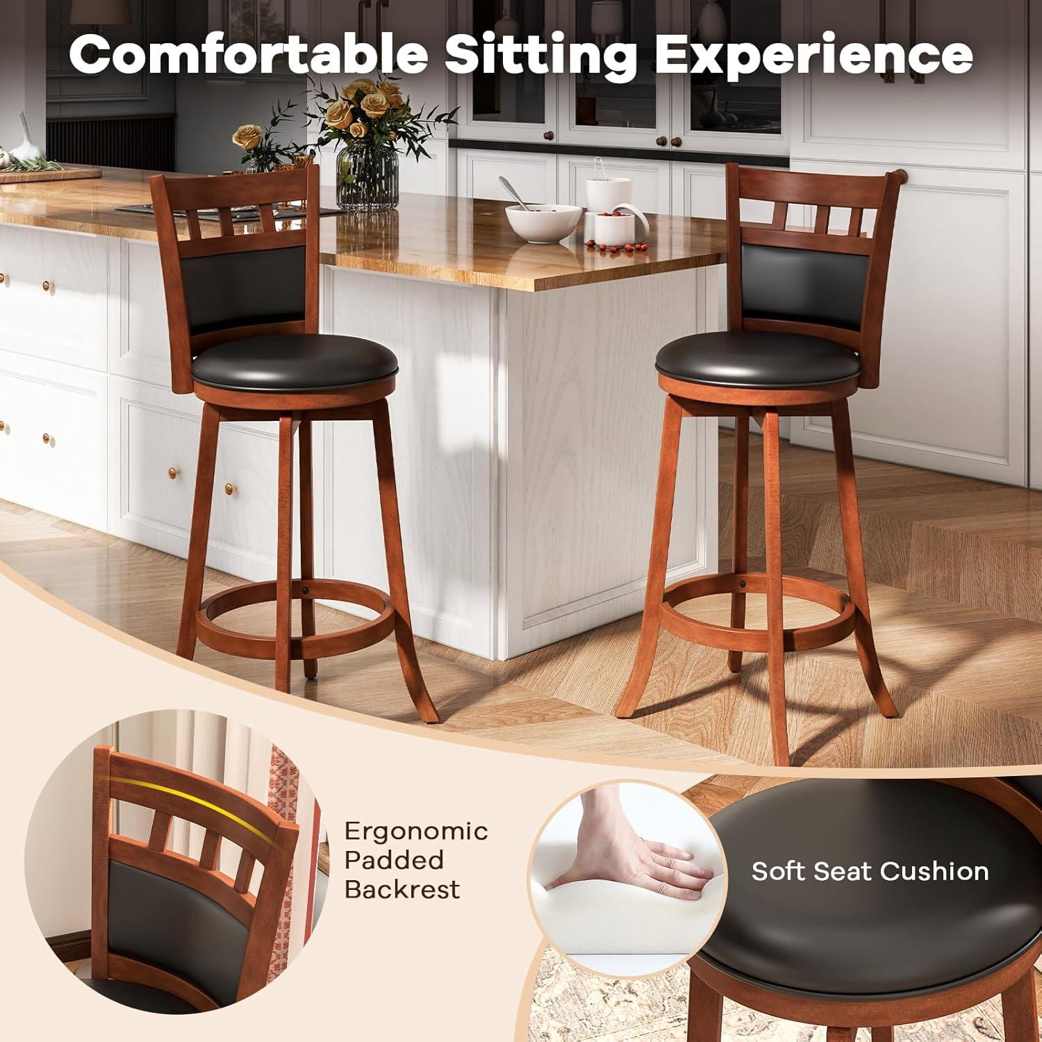 image:imageGiantex Wood Bar Stools Set of 2 31 Swivel Bar Height Barstools wBack Rubber Wood Frame Padded Seat Footrest PVC Leather Wooden Counter Bar Chairs for Kitchen Island Restaurant Espresso1