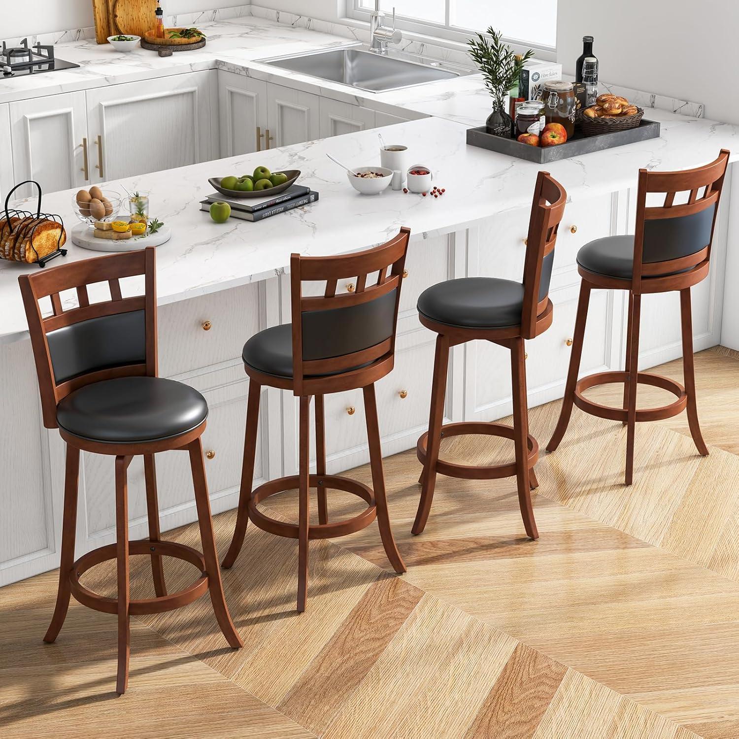 image:imageGiantex Wood Bar Stools Set of 2 31 Swivel Bar Height Barstools wBack Rubber Wood Frame Padded Seat Footrest PVC Leather Wooden Counter Bar Chairs for Kitchen Island Restaurant Espresso1