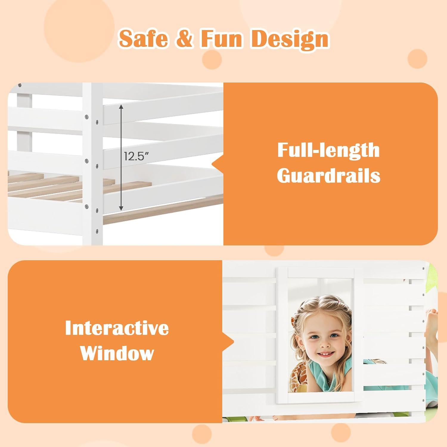 image:imageGiantex Wood Bunk Bed Twin Over Twin House Bed Frame with Ladder and Guardrail Floor Bunk Bed with Wood Slats for Kids Girls Boys Dormitory and Bedroom No Box Spring Needed White