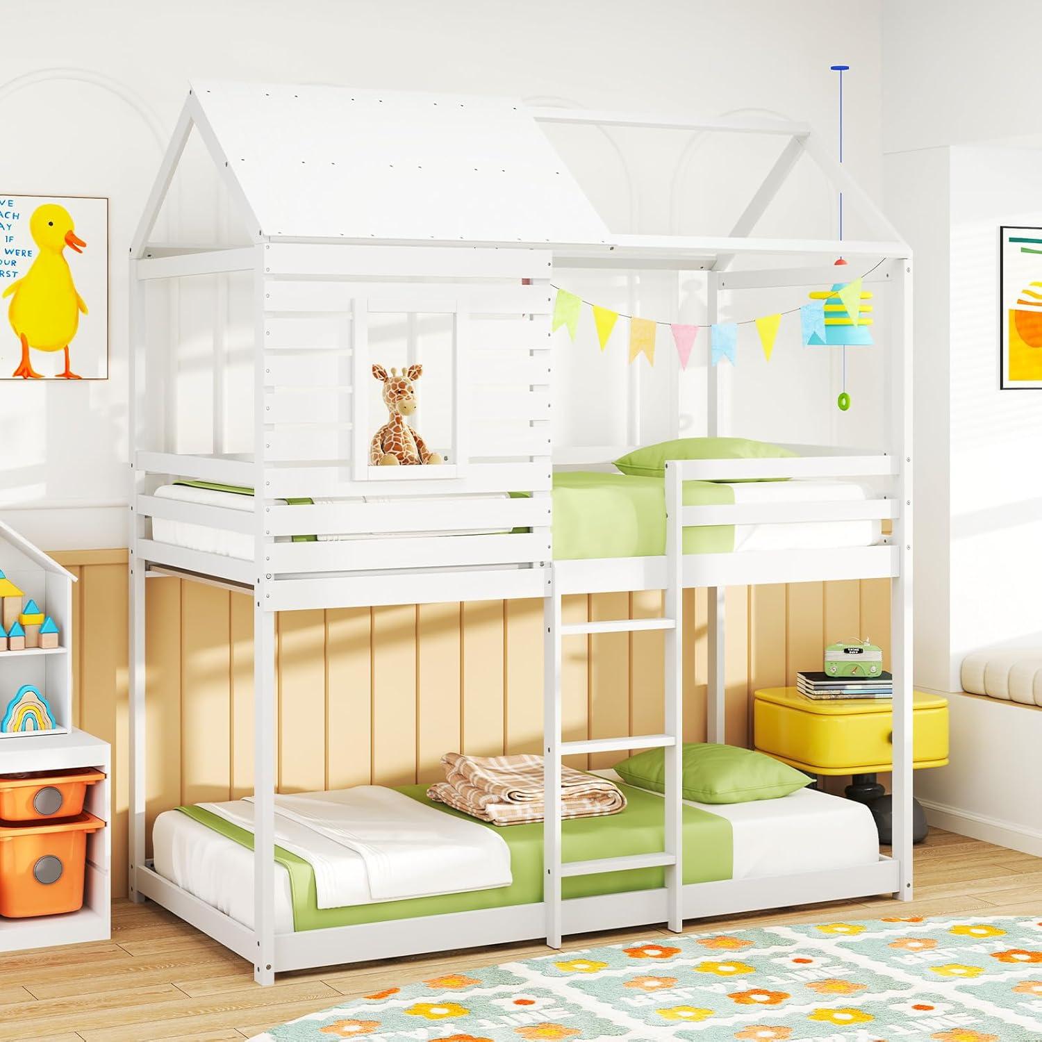 image:imageGiantex Wood Bunk Bed Twin Over Twin House Bed Frame with Ladder and Guardrail Floor Bunk Bed with Wood Slats for Kids Girls Boys Dormitory and Bedroom No Box Spring Needed White
