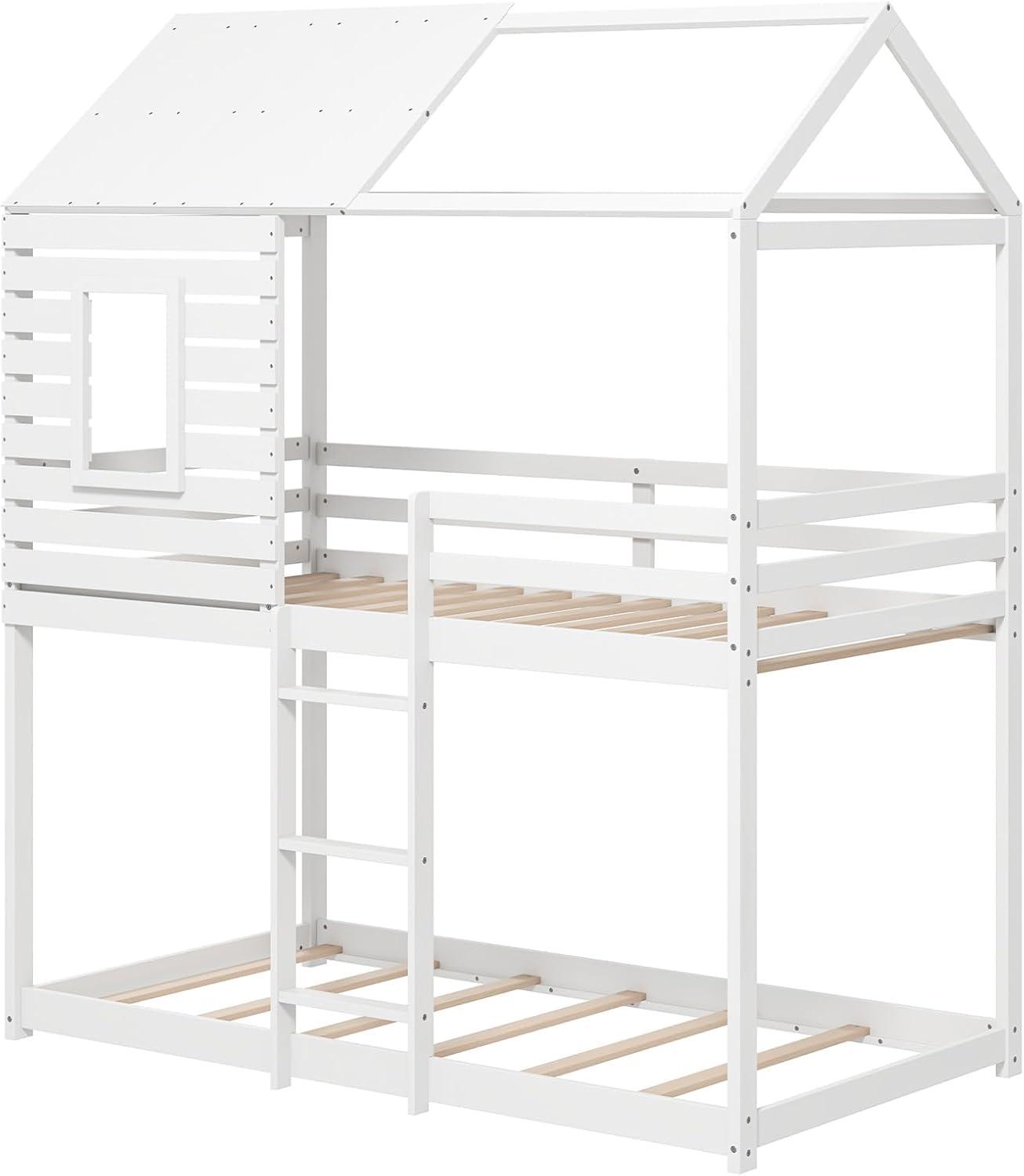 image:imageGiantex Wood Bunk Bed Twin Over Twin House Bed Frame with Ladder and Guardrail Floor Bunk Bed with Wood Slats for Kids Girls Boys Dormitory and Bedroom No Box Spring Needed White