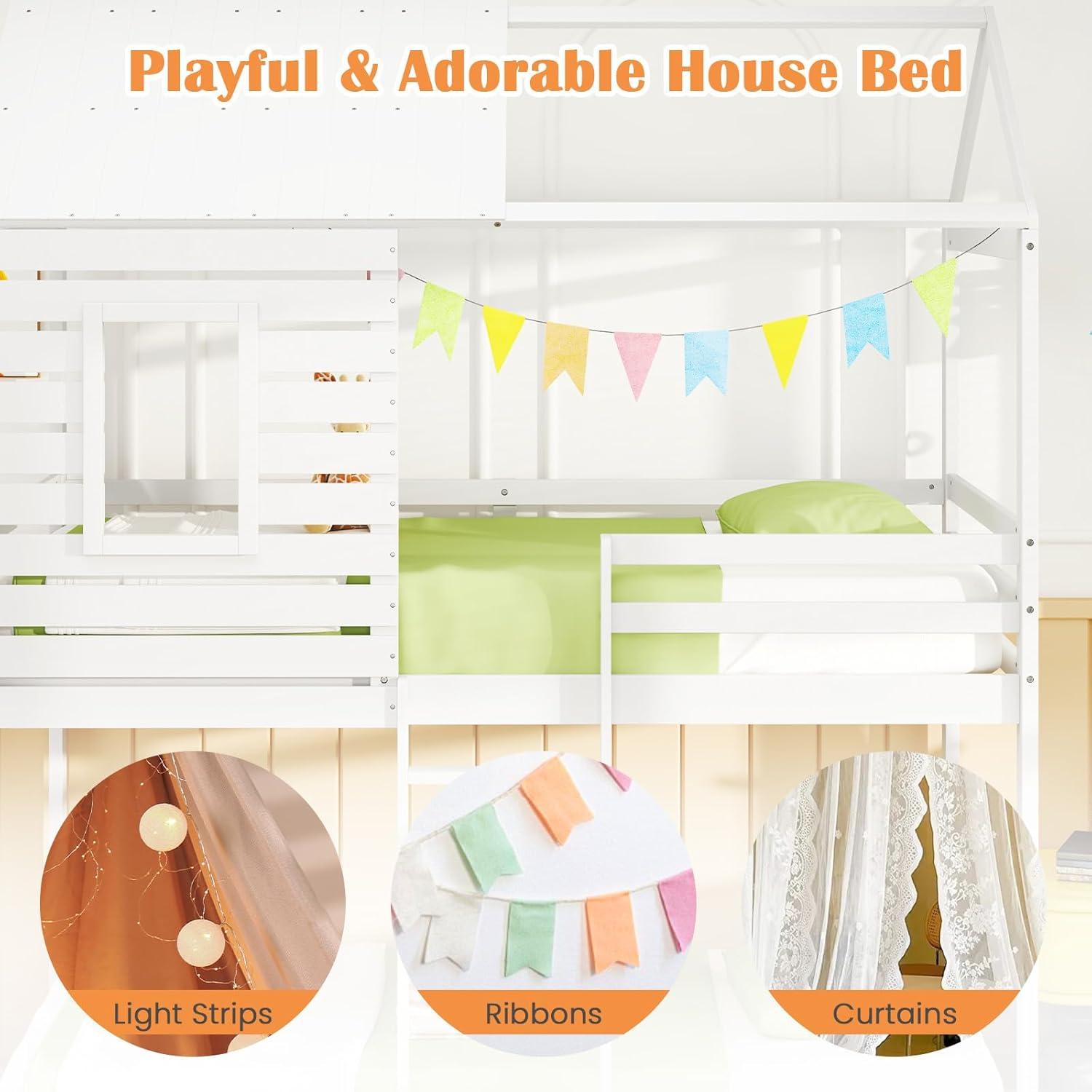 image:imageGiantex Wood Bunk Bed Twin Over Twin House Bed Frame with Ladder and Guardrail Floor Bunk Bed with Wood Slats for Kids Girls Boys Dormitory and Bedroom No Box Spring Needed White