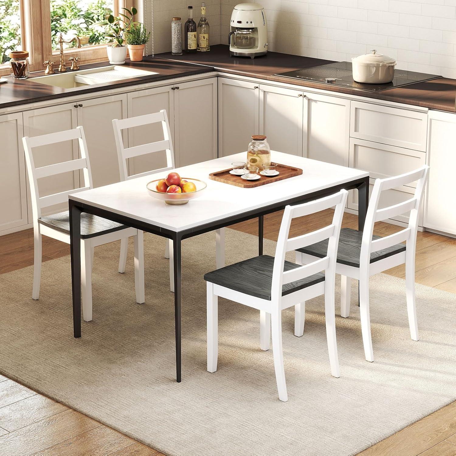 image:imageGiantex Wood Dining Chairs Set of 2 White Wooden Armless Kitchen Chairs with Solid Rubber Wood Legs NonSlip Foot Pads Max Load 400 Lbs Farmhouse Style High Ladder Back Dining Room ChairsWhitegray