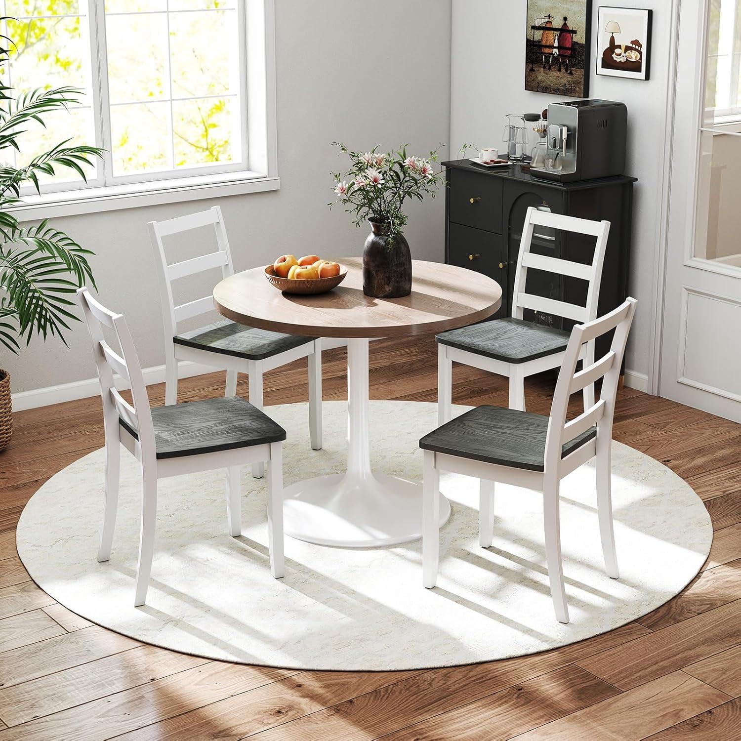 image:imageGiantex Wood Dining Chairs Set of 2 White Wooden Armless Kitchen Chairs with Solid Rubber Wood Legs NonSlip Foot Pads Max Load 400 Lbs Farmhouse Style High Ladder Back Dining Room ChairsWhitegray