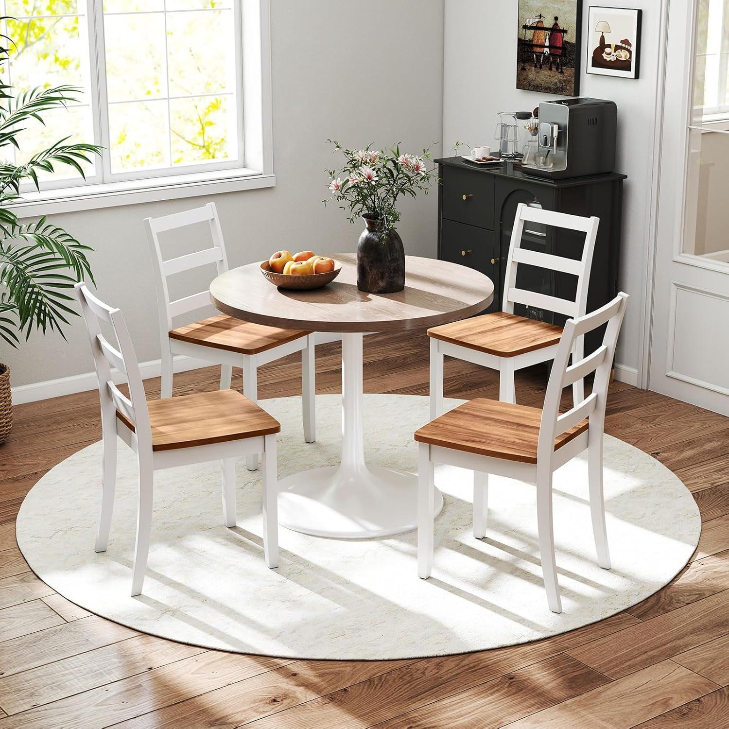 image:imageGiantex Wood Dining Chairs Set of 2 White Wooden Armless Kitchen Chairs with Solid Rubber Wood Legs NonSlip Foot Pads Max Load 400 Lbs Farmhouse Style High Ladder Back Dining Room ChairsWhitebrown