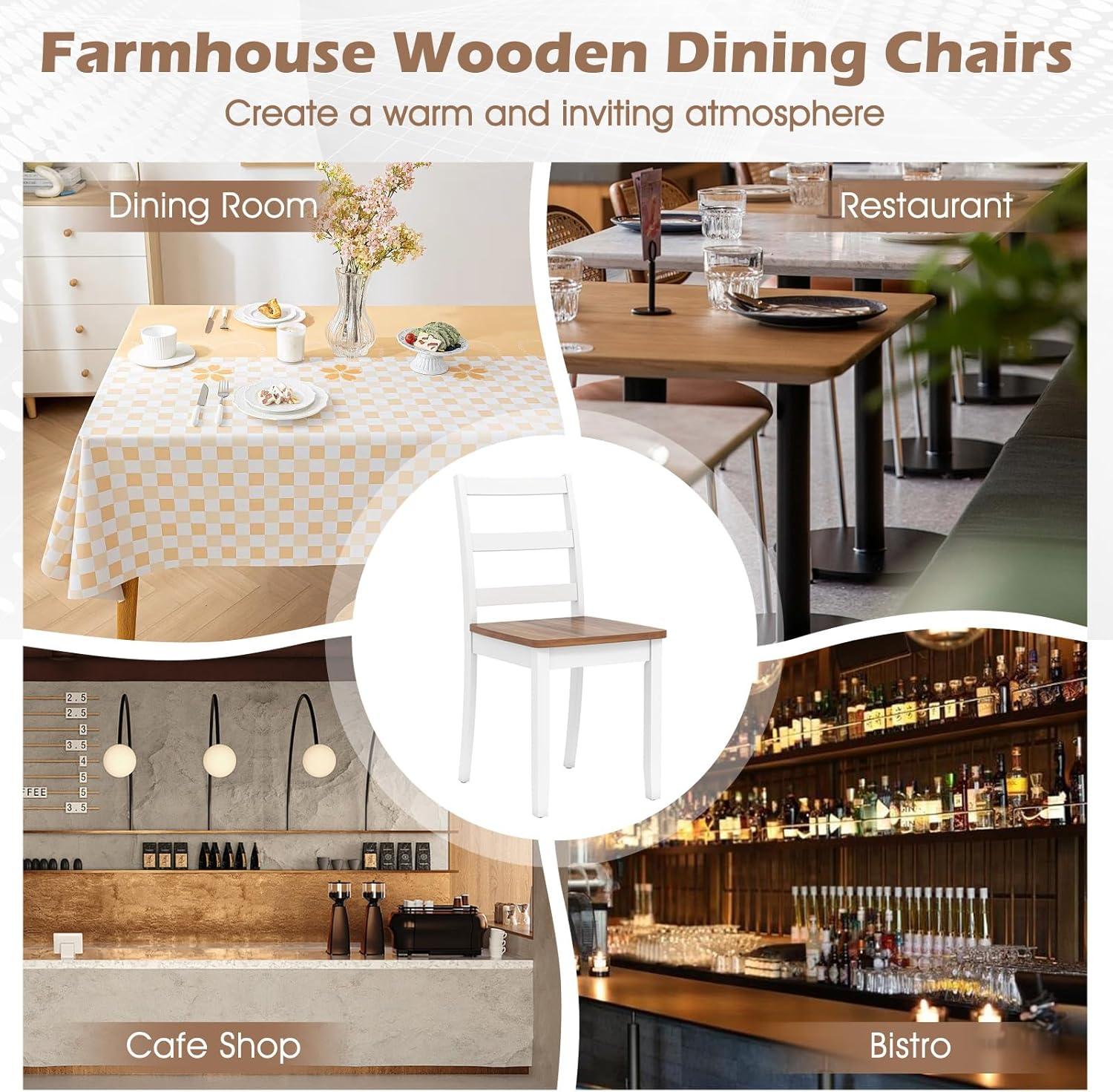 image:imageGiantex Wood Dining Chairs Set of 2 White Wooden Armless Kitchen Chairs with Solid Rubber Wood Legs NonSlip Foot Pads Max Load 400 Lbs Farmhouse Style High Ladder Back Dining Room ChairsWhitebrown