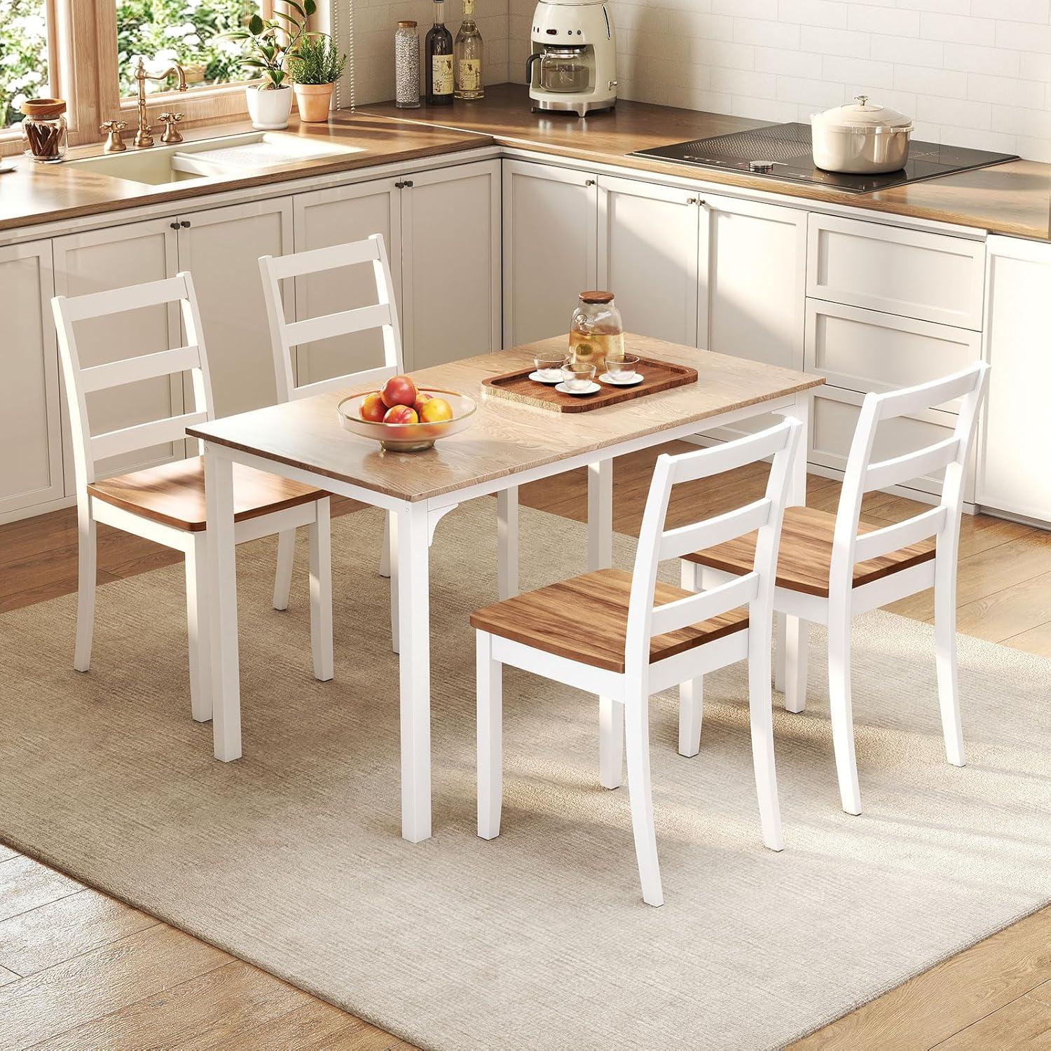 image:imageGiantex Wood Dining Chairs Set of 2 White Wooden Armless Kitchen Chairs with Solid Rubber Wood Legs NonSlip Foot Pads Max Load 400 Lbs Farmhouse Style High Ladder Back Dining Room ChairsWhitebrown