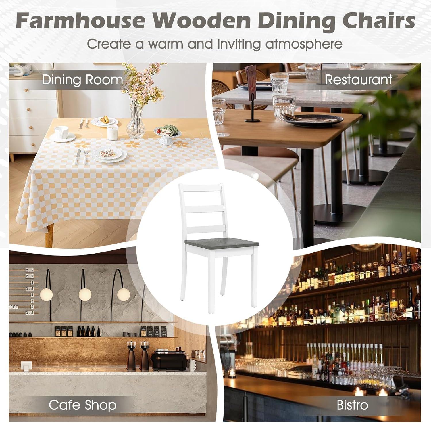 image:imageGiantex Wood Dining Chairs Set of 2 White Wooden Armless Kitchen Chairs with Solid Rubber Wood Legs NonSlip Foot Pads Max Load 400 Lbs Farmhouse Style High Ladder Back Dining Room ChairsWhitegray