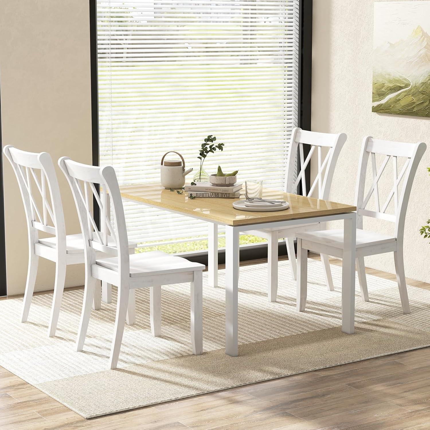 image:imageGiantex Wood Dining Chairs Set of 2 White Armless Kitchen Chair wRubber Wood Frame Cross Back Contoured Seat Farmhouse Wooden Side Chair High Back Kitchen Chairs for Home Dining RoomWhite