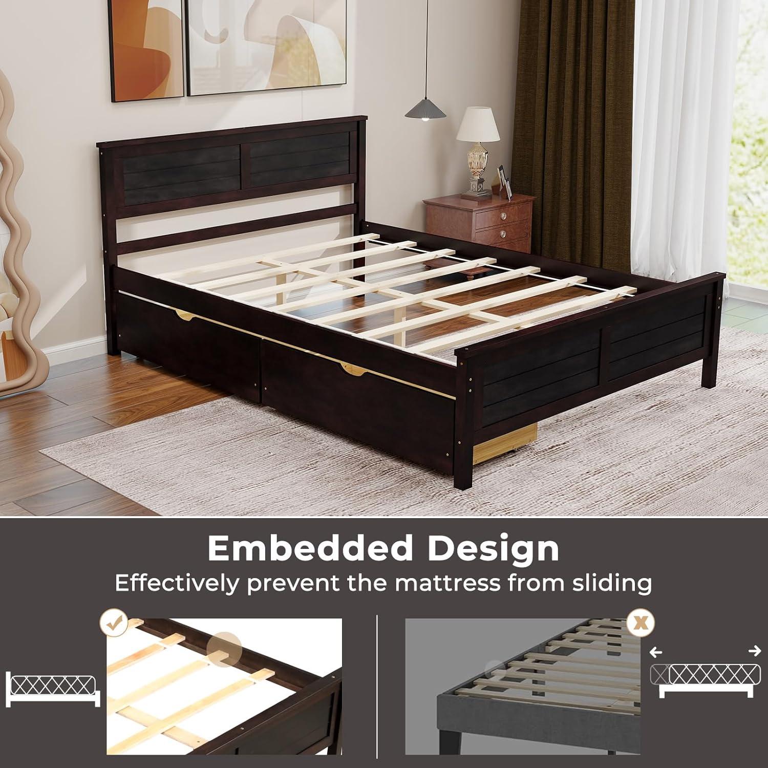 image:imageGiantex Wood Full Size Bed Frame with 2 Storage Drawers Solid Wood Platform Bed with Headboard Wooden Slats Mattress Foundation No Spring Needed Full Bed Frame for Kids Teens Adults GreyEspresso