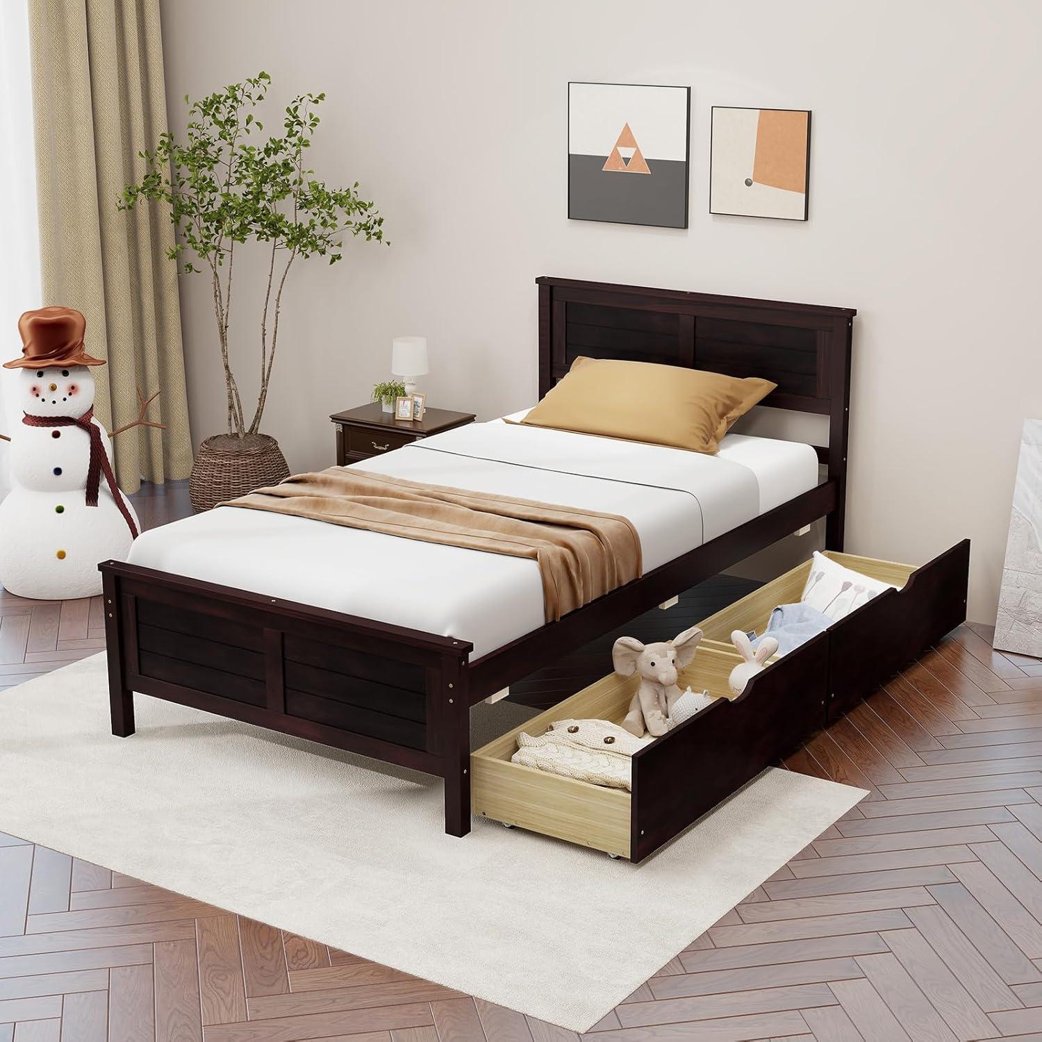 image:imageGiantex Wood Full Size Bed Frame with 2 Storage Drawers Solid Wood Platform Bed with Headboard Wooden Slats Mattress Foundation No Spring Needed Full Bed Frame for Kids Teens Adults GreyEspresso
