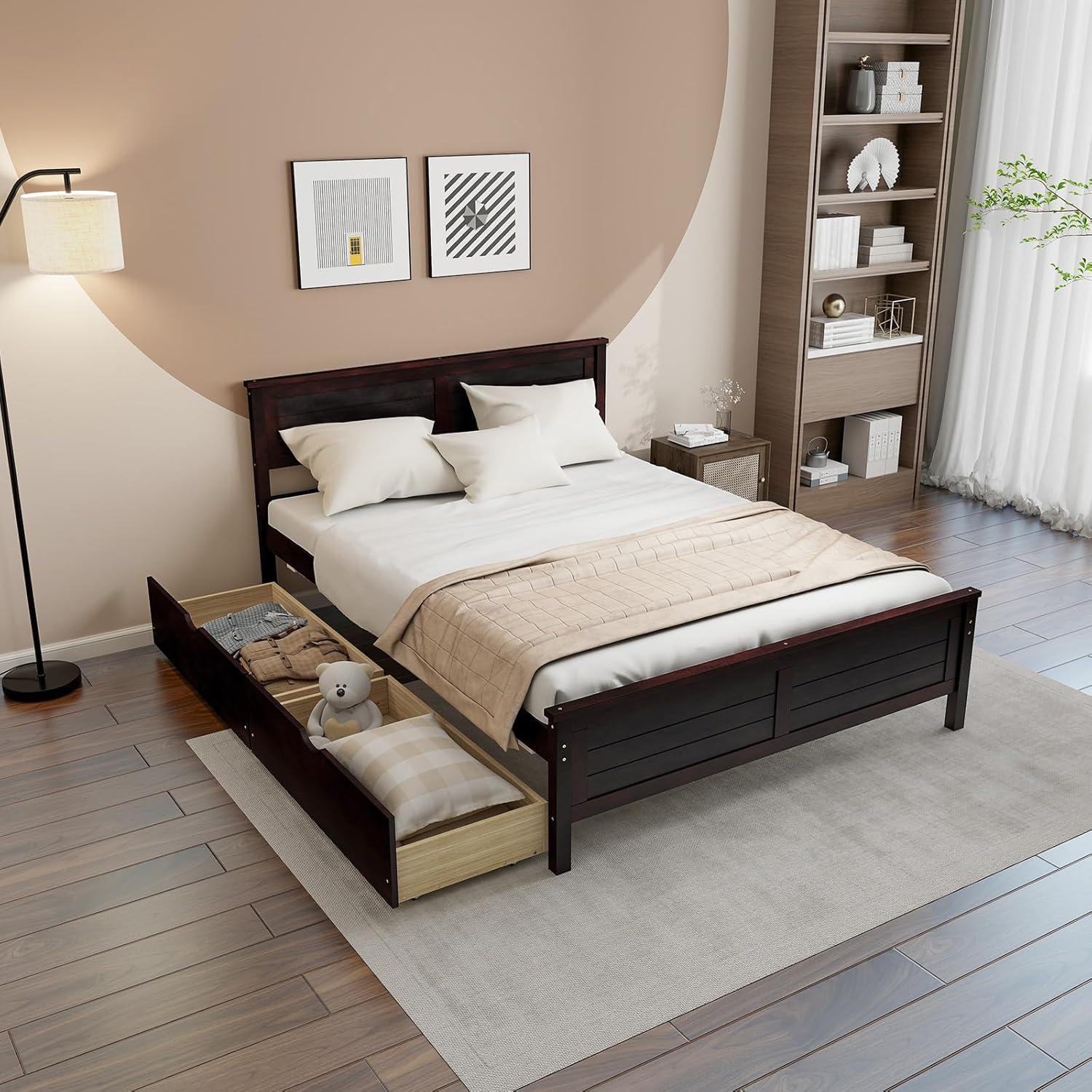 image:imageGiantex Wood Full Size Bed Frame with 2 Storage Drawers Solid Wood Platform Bed with Headboard Wooden Slats Mattress Foundation No Spring Needed Full Bed Frame for Kids Teens Adults GreyEspresso