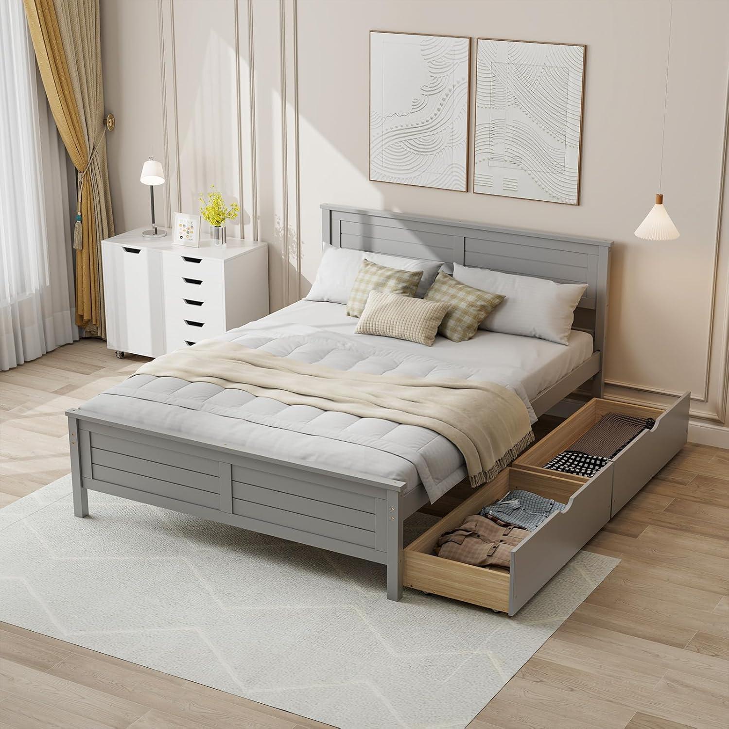 image:imageGiantex Wood Full Size Bed Frame with 2 Storage Drawers Solid Wood Platform Bed with Headboard Wooden Slats Mattress Foundation No Spring Needed Full Bed Frame for Kids Teens Adults GreyGrey