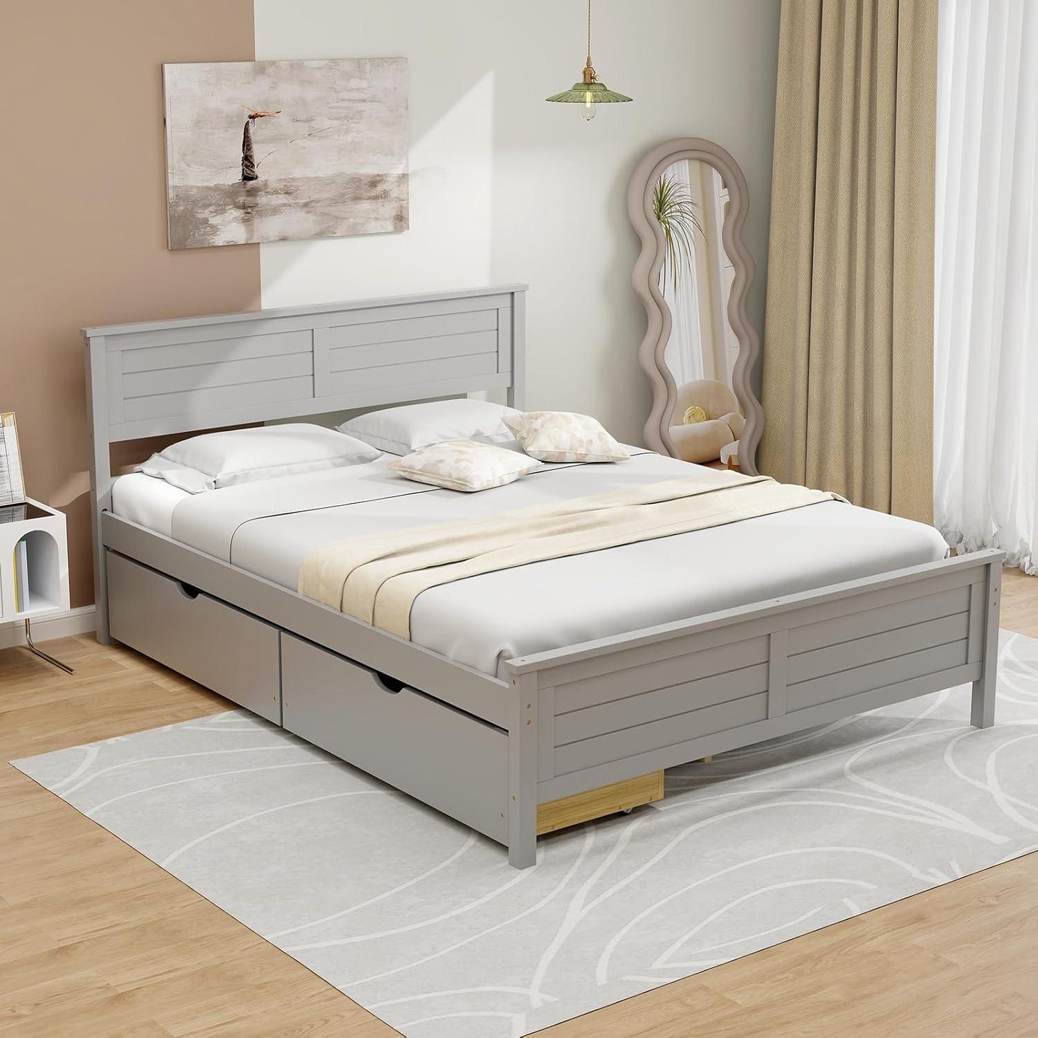 image:imageGiantex Wood Full Size Bed Frame with 2 Storage Drawers Solid Wood Platform Bed with Headboard Wooden Slats Mattress Foundation No Spring Needed Full Bed Frame for Kids Teens Adults GreyGrey