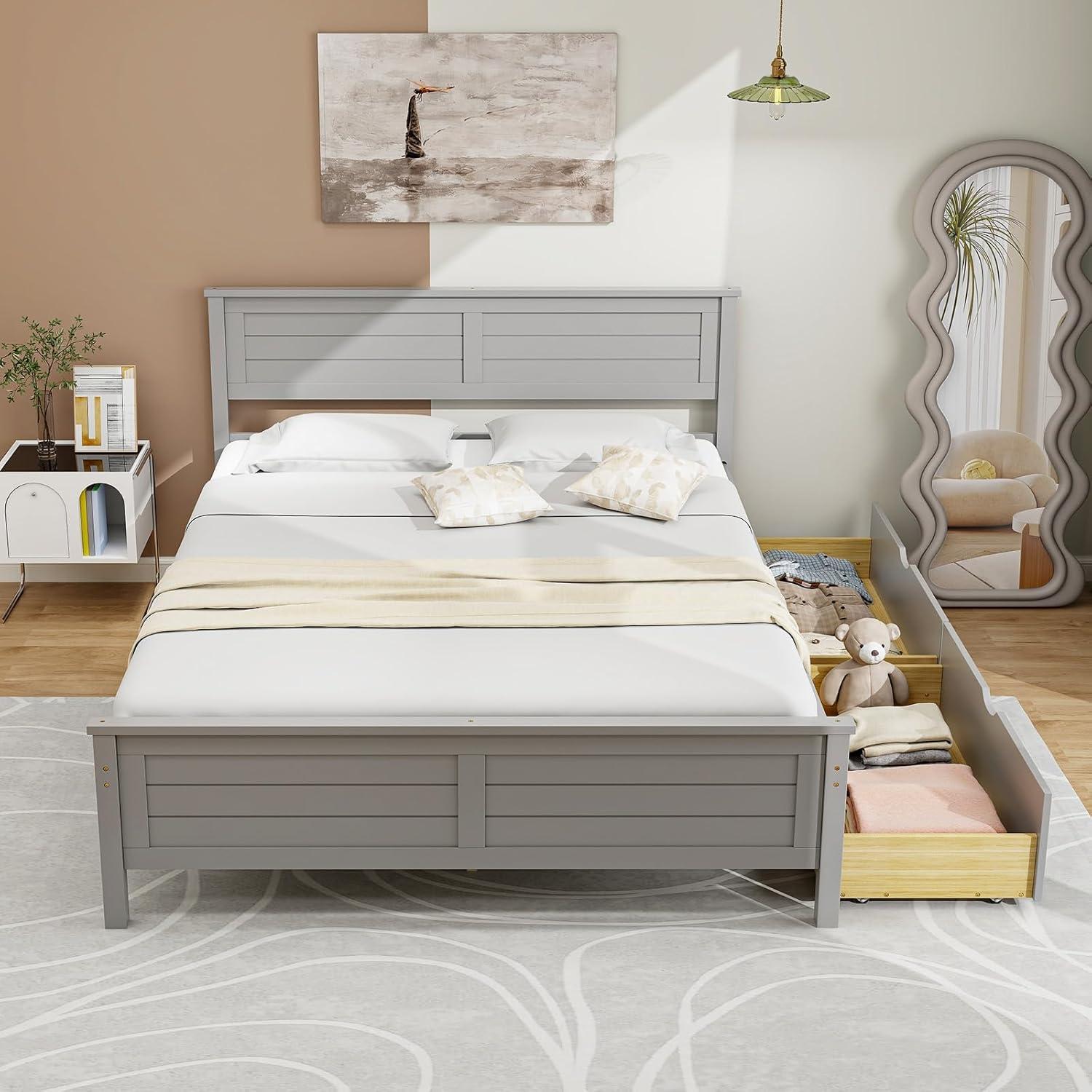 image:imageGiantex Wood Full Size Bed Frame with 2 Storage Drawers Solid Wood Platform Bed with Headboard Wooden Slats Mattress Foundation No Spring Needed Full Bed Frame for Kids Teens Adults GreyGrey