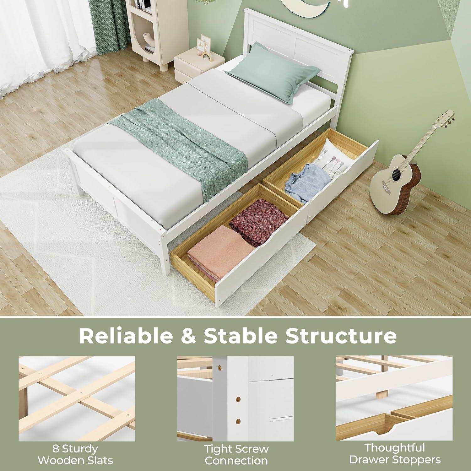 image:imageGiantex Wood Full Size Bed Frame with 2 Storage Drawers Solid Wood Platform Bed with Headboard Wooden Slats Mattress Foundation No Spring Needed Full Bed Frame for Kids Teens Adults GreyWhite