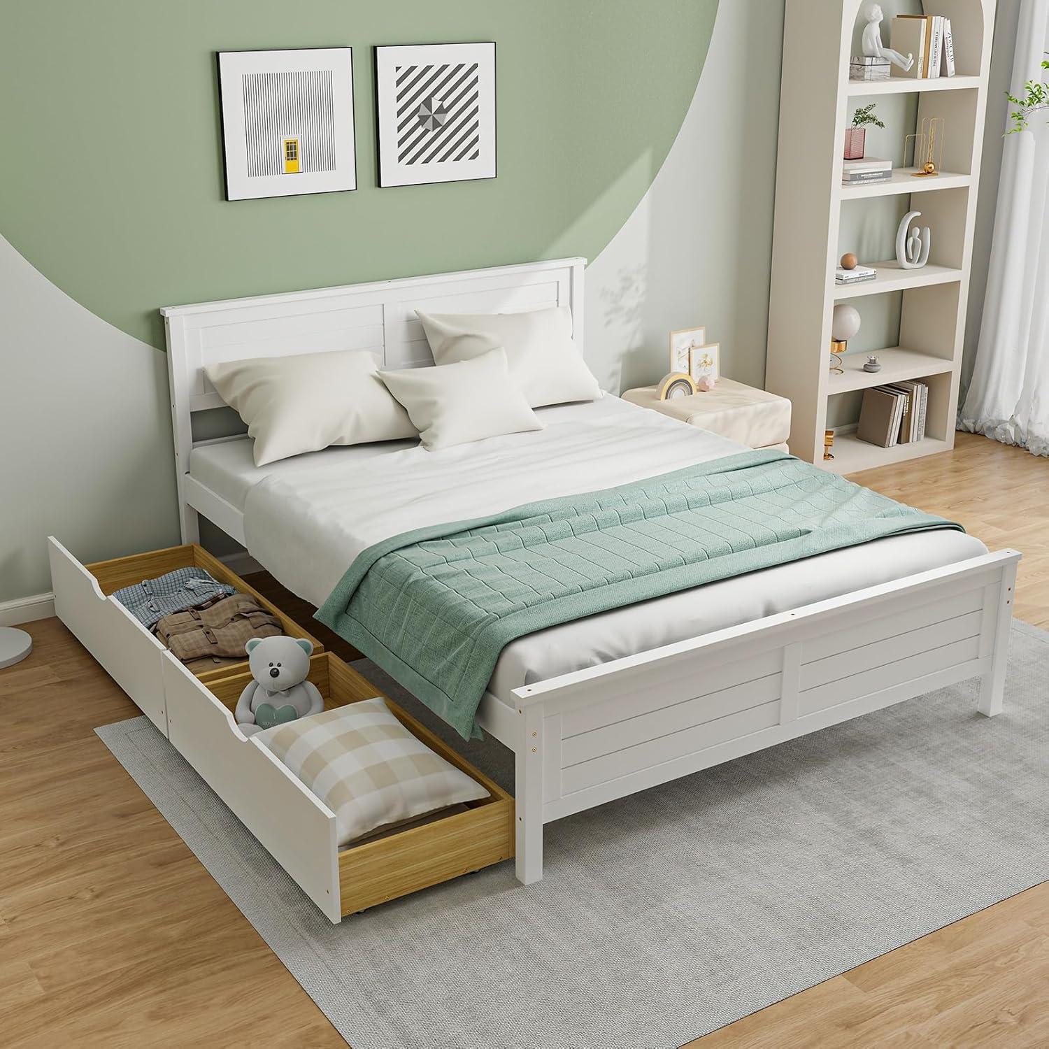 image:imageGiantex Wood Full Size Bed Frame with 2 Storage Drawers Solid Wood Platform Bed with Headboard Wooden Slats Mattress Foundation No Spring Needed Full Bed Frame for Kids Teens Adults GreyWhite