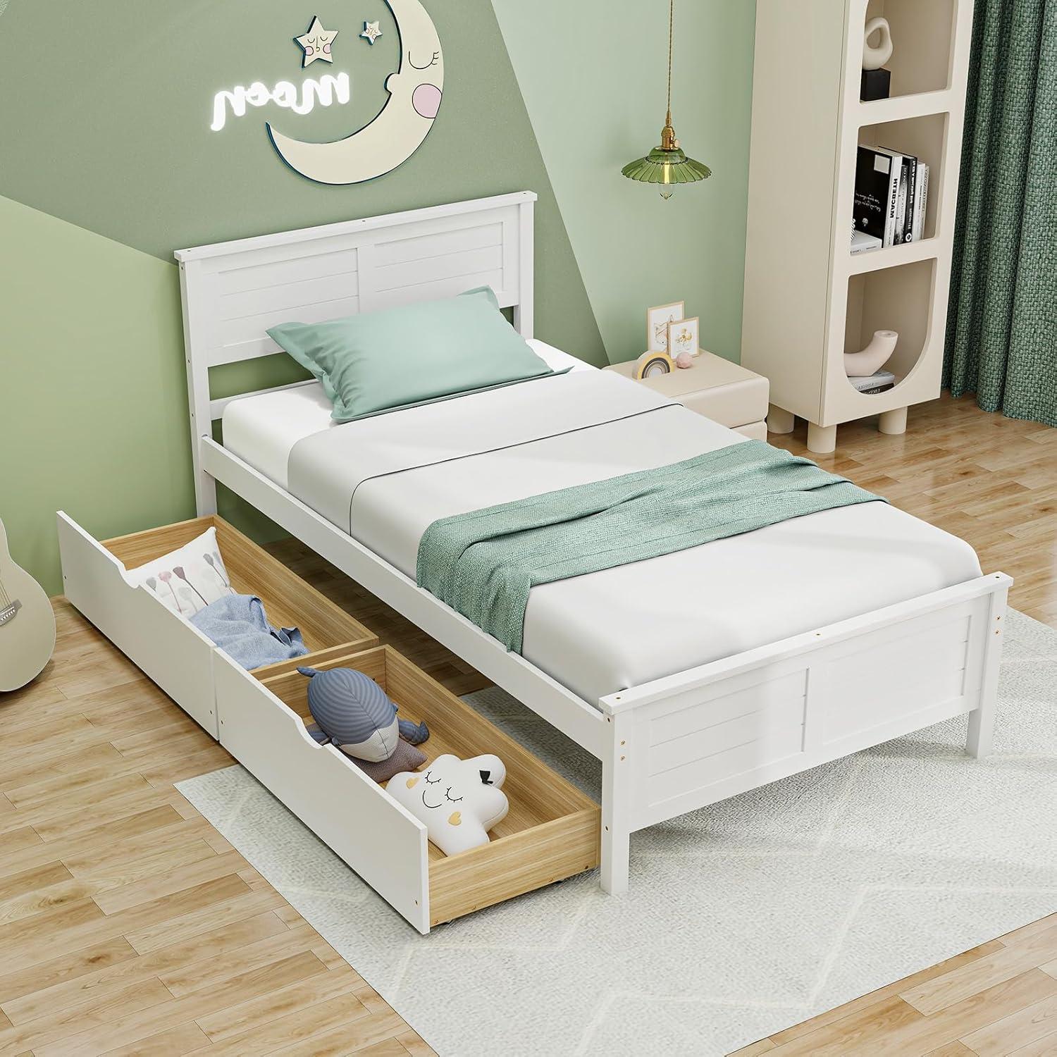 image:imageGiantex Wood Full Size Bed Frame with 2 Storage Drawers Solid Wood Platform Bed with Headboard Wooden Slats Mattress Foundation No Spring Needed Full Bed Frame for Kids Teens Adults GreyWhite