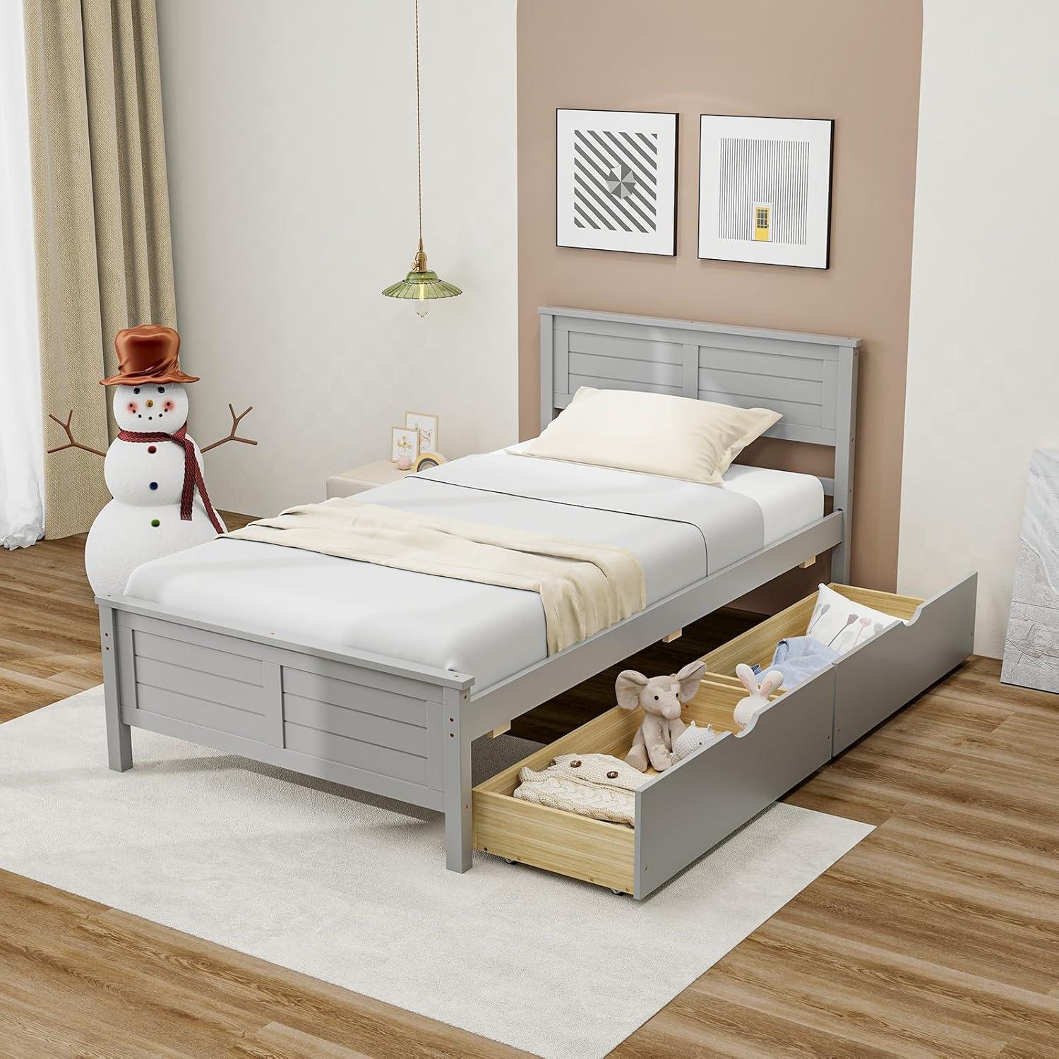 image:imageGiantex Wood Full Size Bed Frame with 2 Storage Drawers Solid Wood Platform Bed with Headboard Wooden Slats Mattress Foundation No Spring Needed Full Bed Frame for Kids Teens Adults GreyGrey
