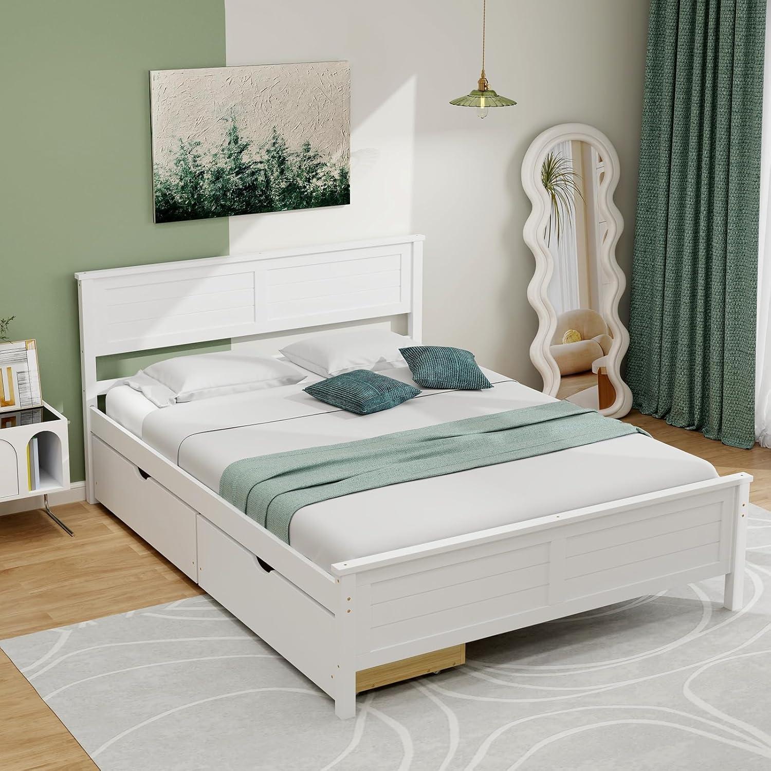image:imageGiantex Wood Full Size Bed Frame with 2 Storage Drawers Solid Wood Platform Bed with Headboard Wooden Slats Mattress Foundation No Spring Needed Full Bed Frame for Kids Teens Adults GreyWhite