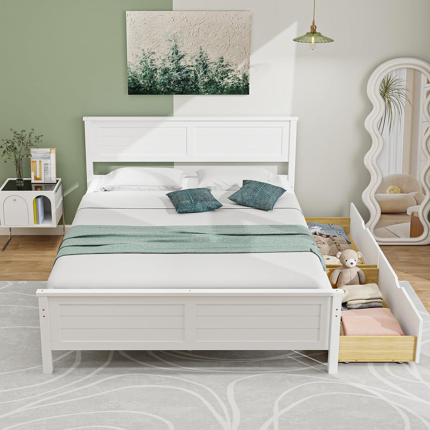 image:imageGiantex Wood Full Size Bed Frame with 2 Storage Drawers Solid Wood Platform Bed with Headboard Wooden Slats Mattress Foundation No Spring Needed Full Bed Frame for Kids Teens Adults GreyWhite