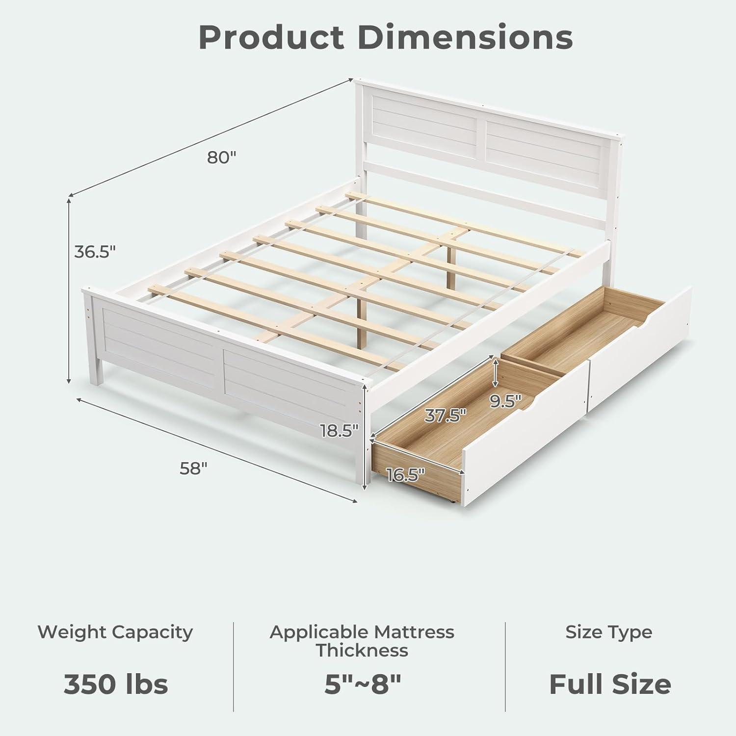 image:imageGiantex Wood Full Size Bed Frame with 2 Storage Drawers Solid Wood Platform Bed with Headboard Wooden Slats Mattress Foundation No Spring Needed Full Bed Frame for Kids Teens Adults GreyWhite