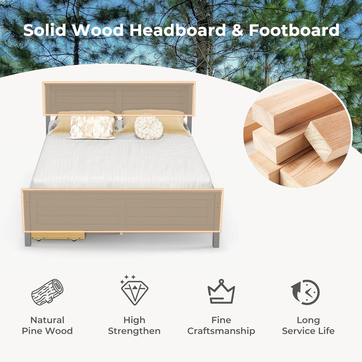 image:imageGiantex Wood Full Size Bed Frame with 2 Storage Drawers Solid Wood Platform Bed with Headboard Wooden Slats Mattress Foundation No Spring Needed Full Bed Frame for Kids Teens Adults GreyGrey
