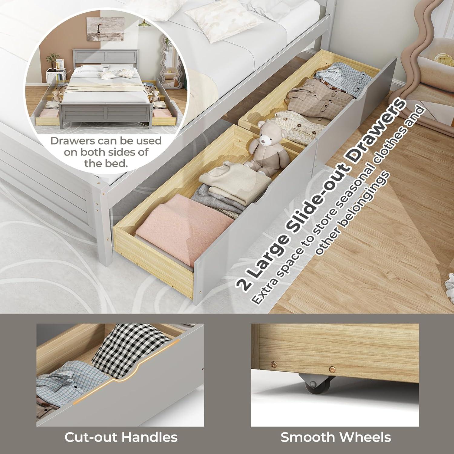 image:imageGiantex Wood Full Size Bed Frame with 2 Storage Drawers Solid Wood Platform Bed with Headboard Wooden Slats Mattress Foundation No Spring Needed Full Bed Frame for Kids Teens Adults GreyGrey