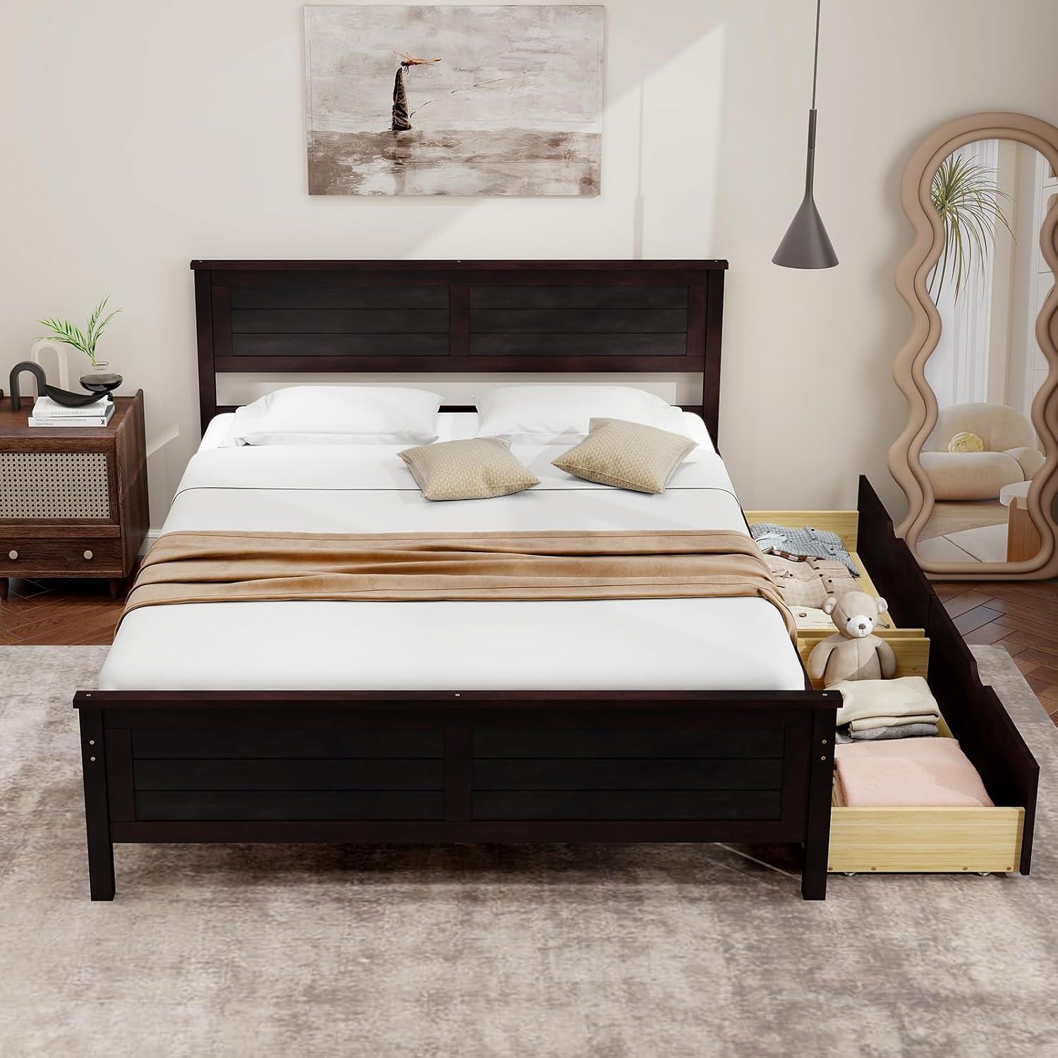 image:imageGiantex Wood Full Size Bed Frame with 2 Storage Drawers Solid Wood Platform Bed with Headboard Wooden Slats Mattress Foundation No Spring Needed Full Bed Frame for Kids Teens Adults GreyEspresso
