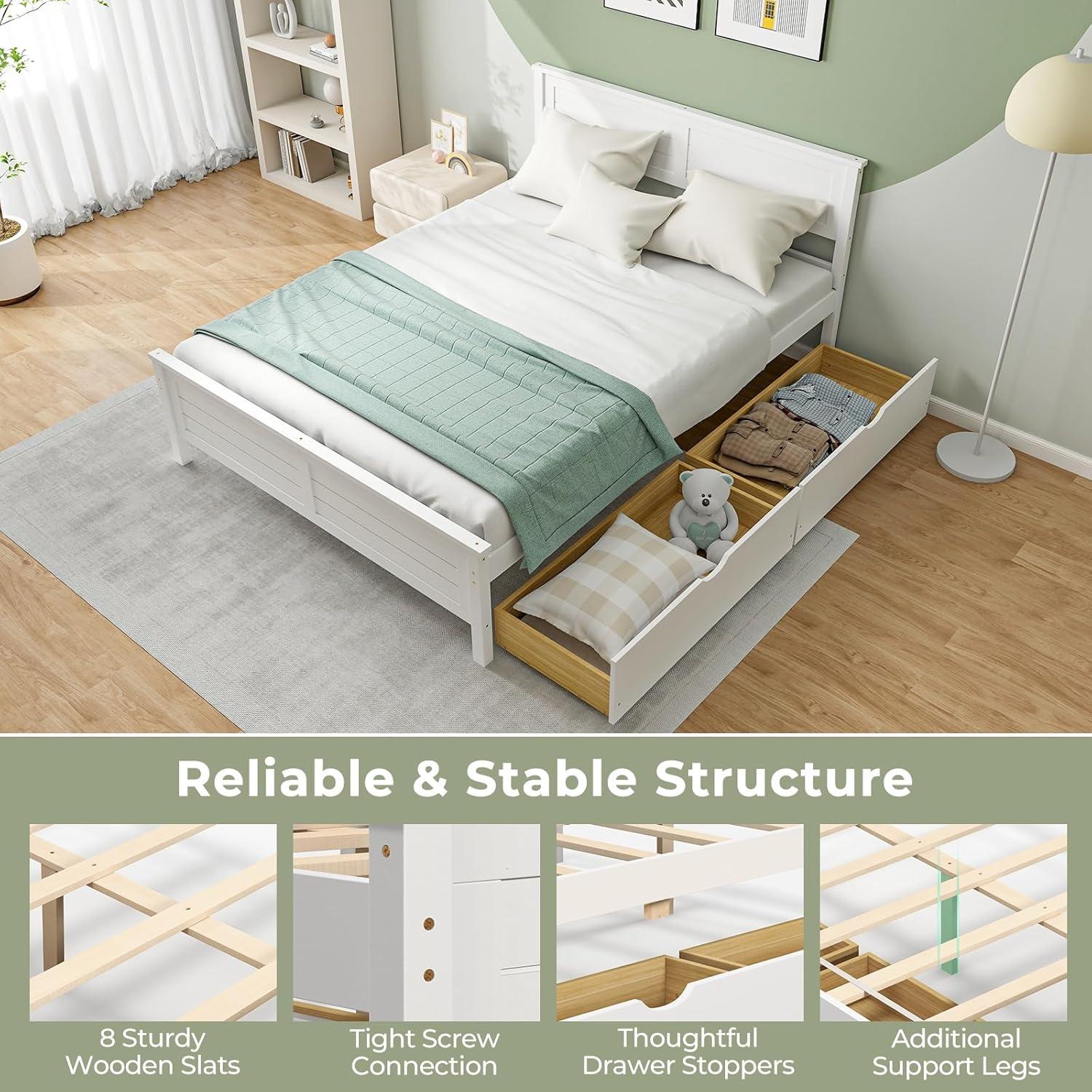 image:imageGiantex Wood Full Size Bed Frame with 2 Storage Drawers Solid Wood Platform Bed with Headboard Wooden Slats Mattress Foundation No Spring Needed Full Bed Frame for Kids Teens Adults GreyWhite