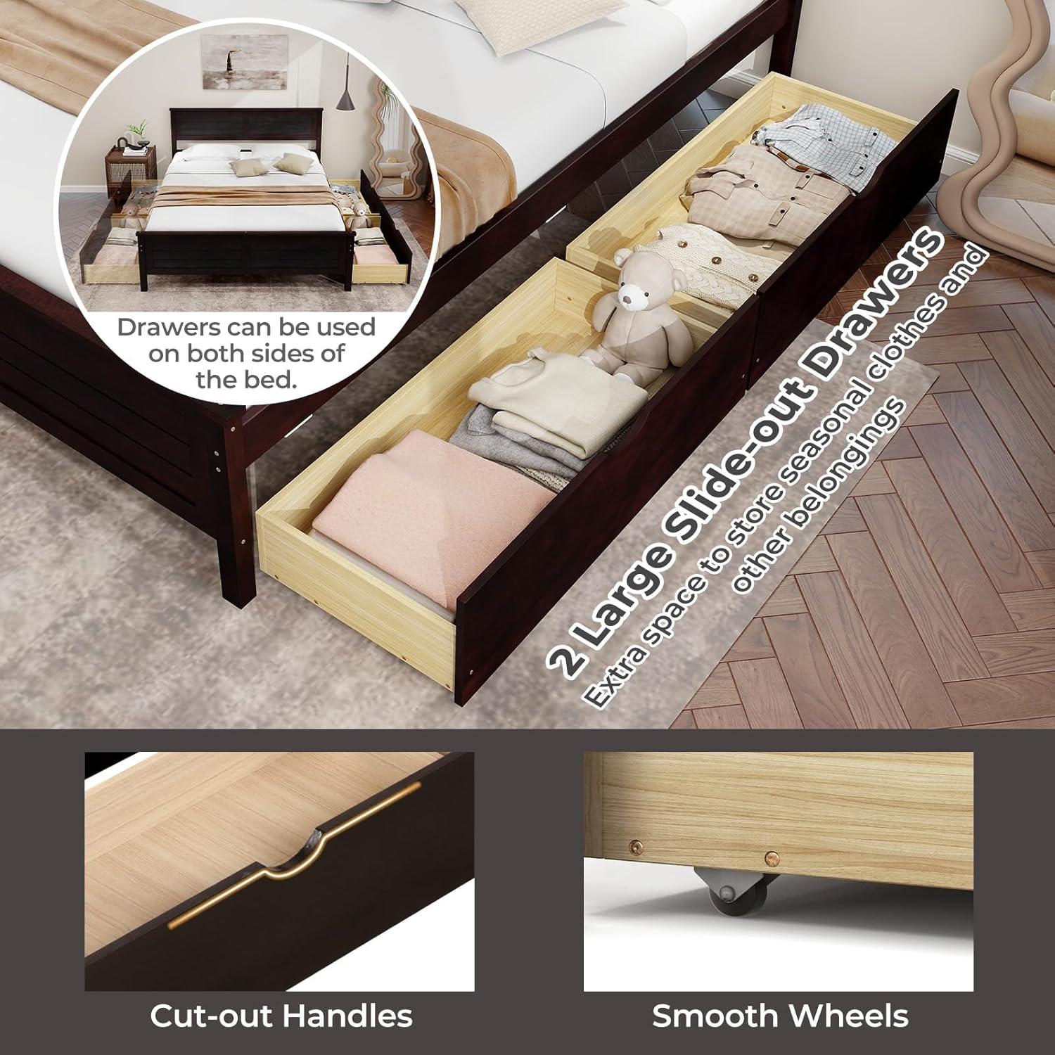 image:imageGiantex Wood Full Size Bed Frame with 2 Storage Drawers Solid Wood Platform Bed with Headboard Wooden Slats Mattress Foundation No Spring Needed Full Bed Frame for Kids Teens Adults GreyEspresso