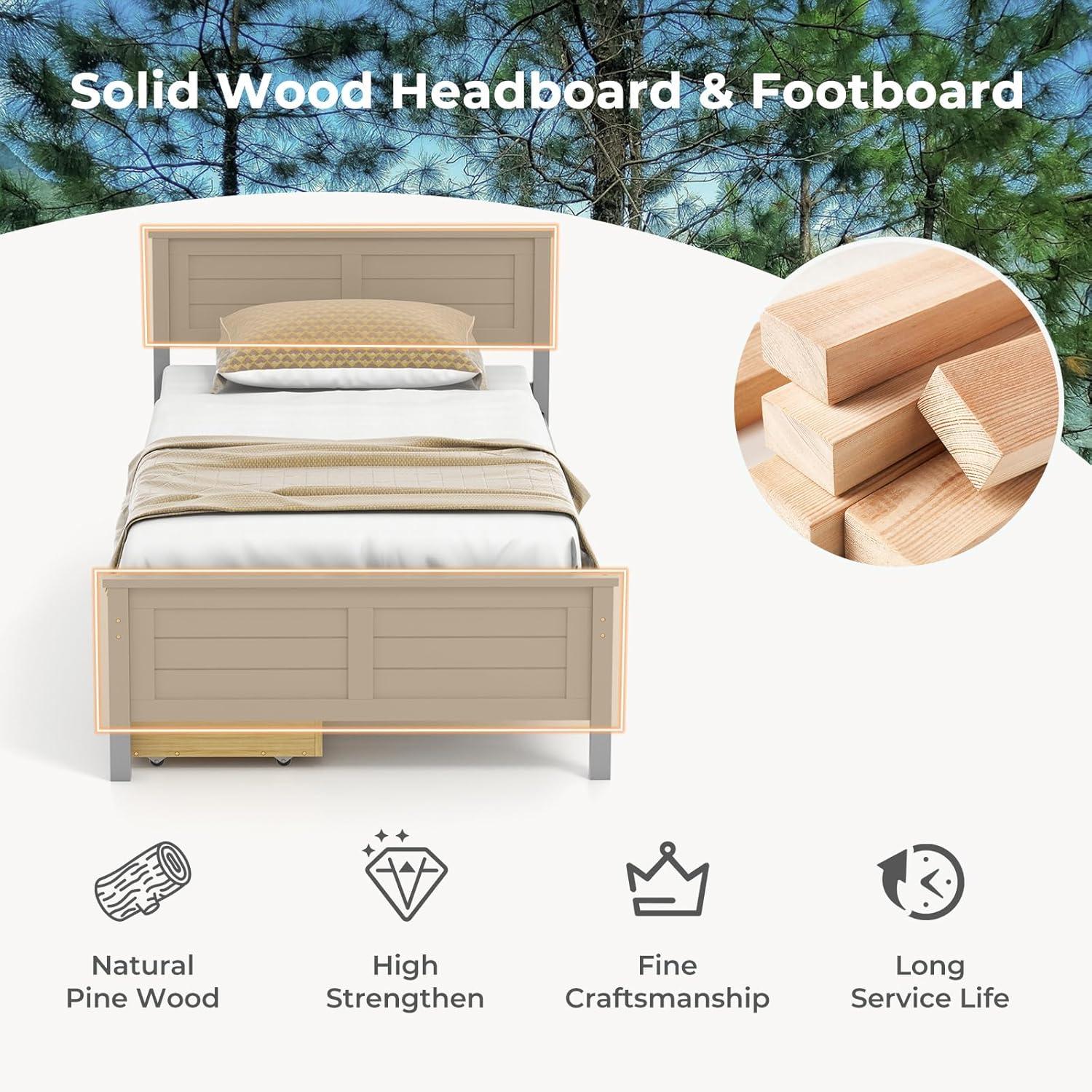 image:imageGiantex Wood Full Size Bed Frame with 2 Storage Drawers Solid Wood Platform Bed with Headboard Wooden Slats Mattress Foundation No Spring Needed Full Bed Frame for Kids Teens Adults GreyGrey
