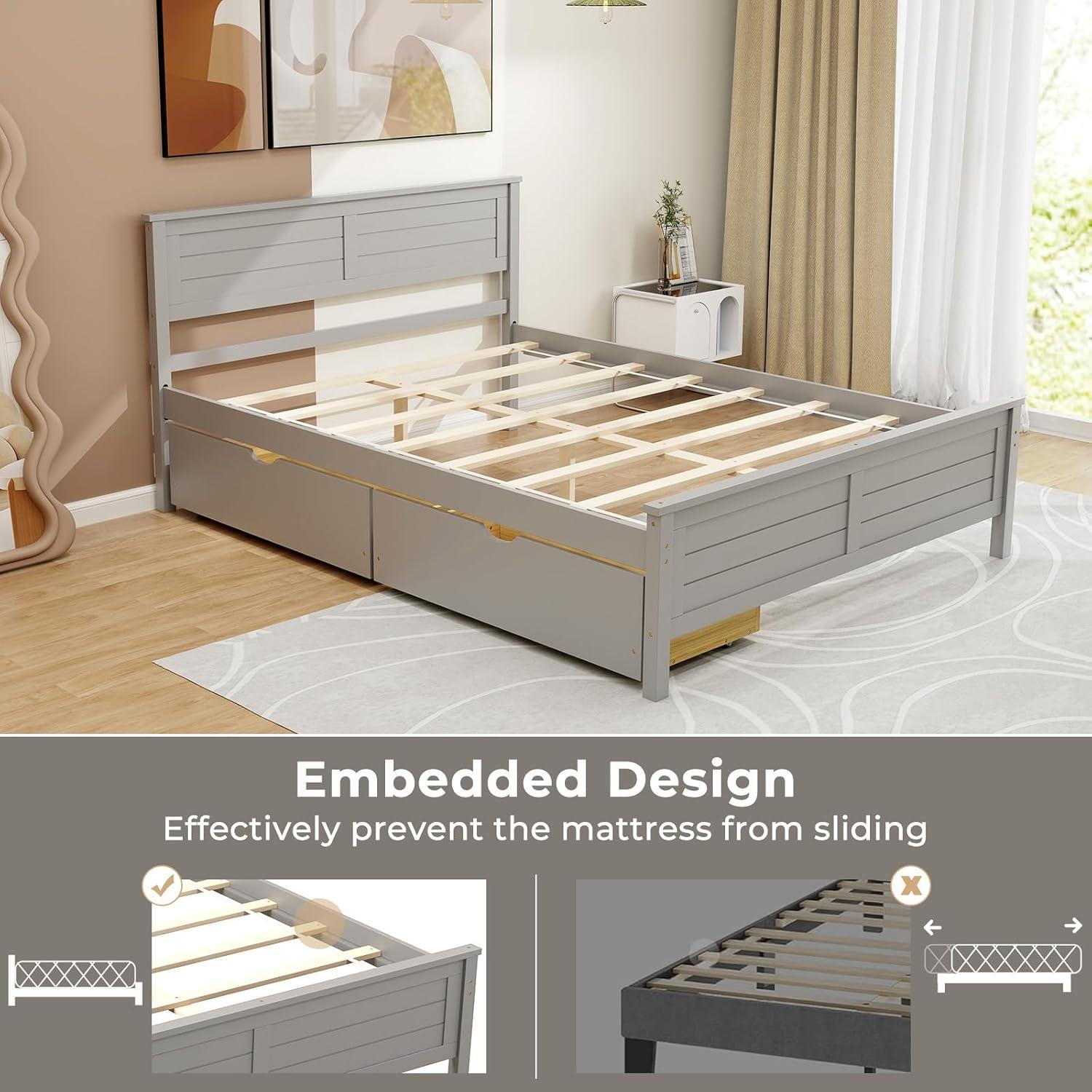 image:imageGiantex Wood Full Size Bed Frame with 2 Storage Drawers Solid Wood Platform Bed with Headboard Wooden Slats Mattress Foundation No Spring Needed Full Bed Frame for Kids Teens Adults GreyGrey