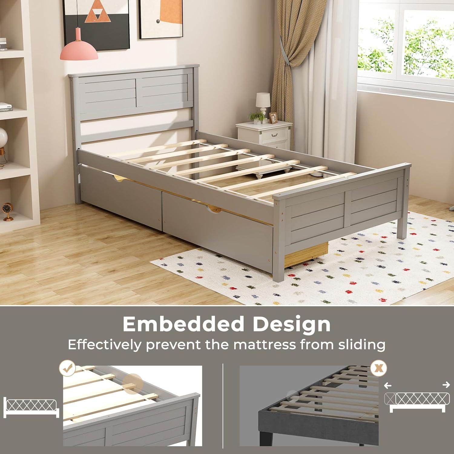 image:imageGiantex Wood Full Size Bed Frame with 2 Storage Drawers Solid Wood Platform Bed with Headboard Wooden Slats Mattress Foundation No Spring Needed Full Bed Frame for Kids Teens Adults GreyGrey