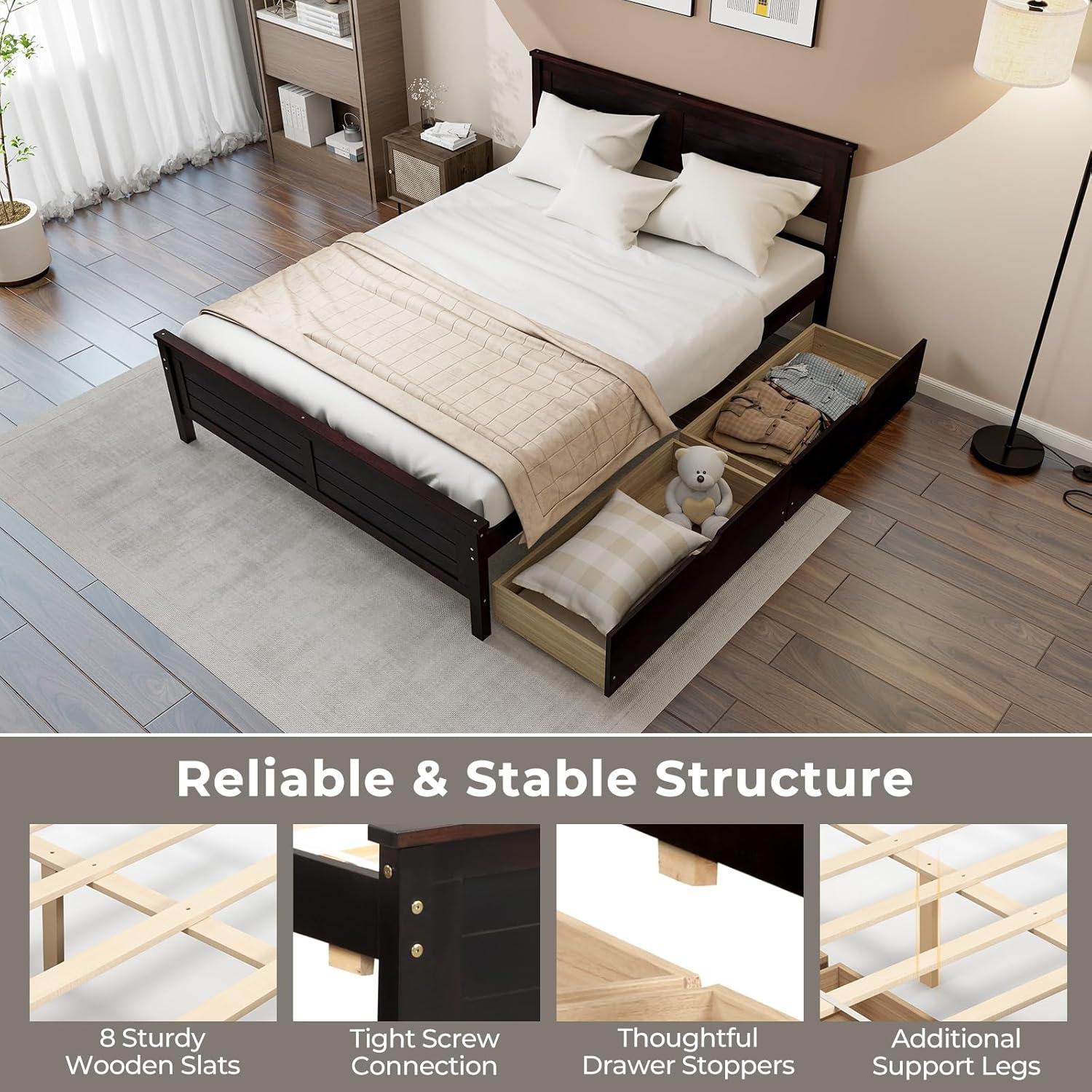 image:imageGiantex Wood Full Size Bed Frame with 2 Storage Drawers Solid Wood Platform Bed with Headboard Wooden Slats Mattress Foundation No Spring Needed Full Bed Frame for Kids Teens Adults GreyEspresso