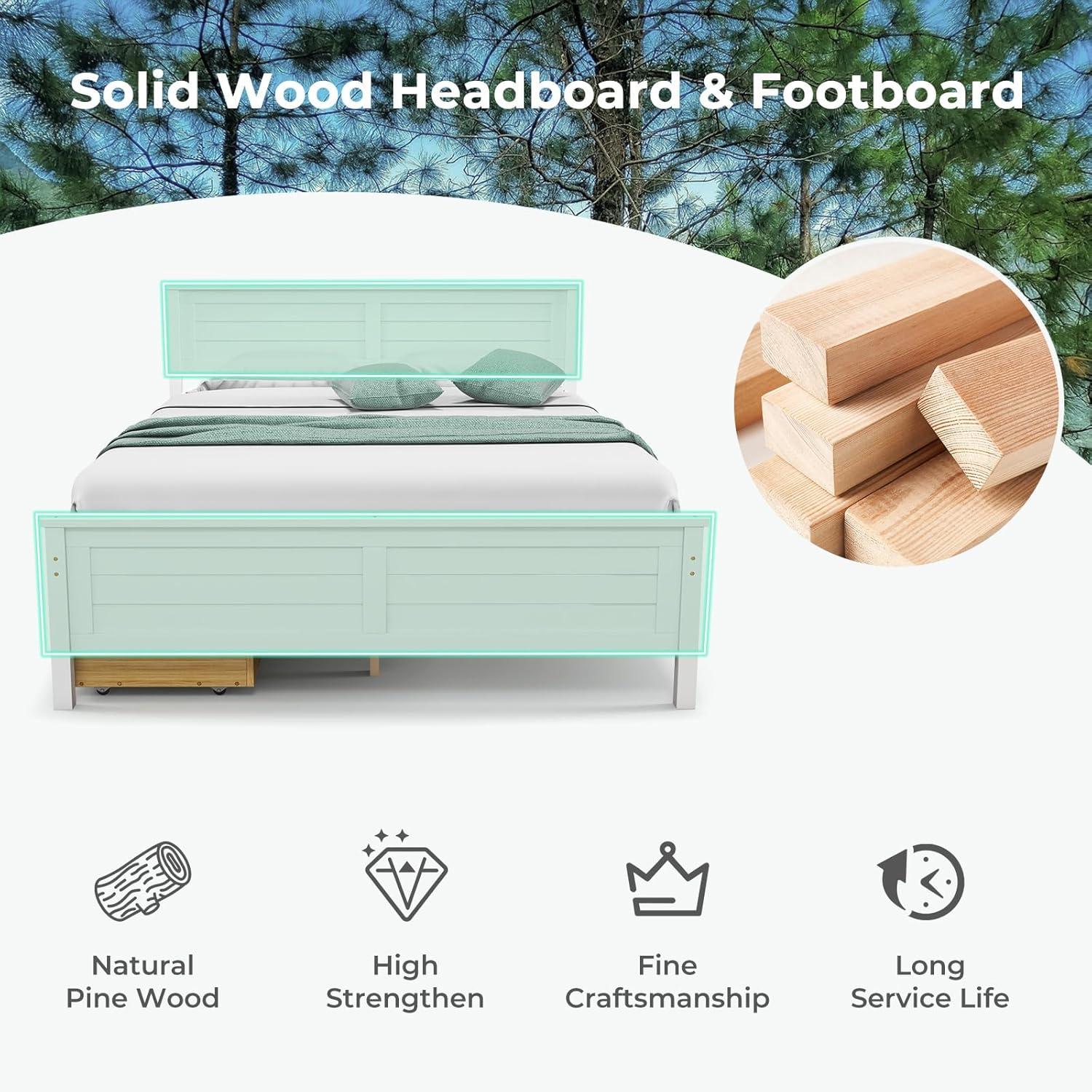 image:imageGiantex Wood Full Size Bed Frame with 2 Storage Drawers Solid Wood Platform Bed with Headboard Wooden Slats Mattress Foundation No Spring Needed Full Bed Frame for Kids Teens Adults GreyWhite