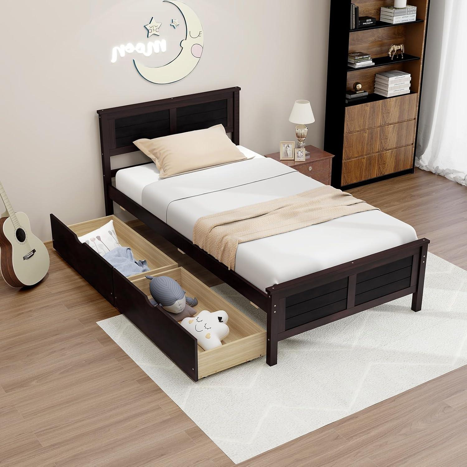 image:imageGiantex Wood Full Size Bed Frame with 2 Storage Drawers Solid Wood Platform Bed with Headboard Wooden Slats Mattress Foundation No Spring Needed Full Bed Frame for Kids Teens Adults GreyEspresso