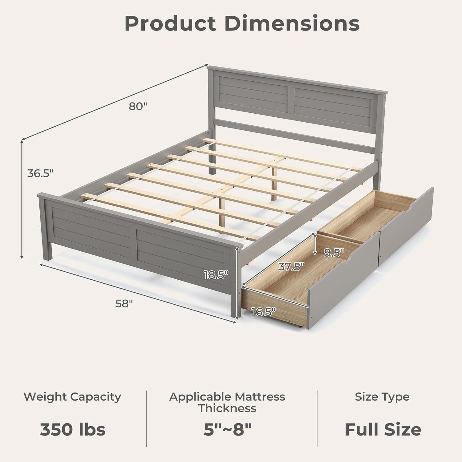 image:imageGiantex Wood Full Size Bed Frame with 2 Storage Drawers Solid Wood Platform Bed with Headboard Wooden Slats Mattress Foundation No Spring Needed Full Bed Frame for Kids Teens Adults GreyGrey